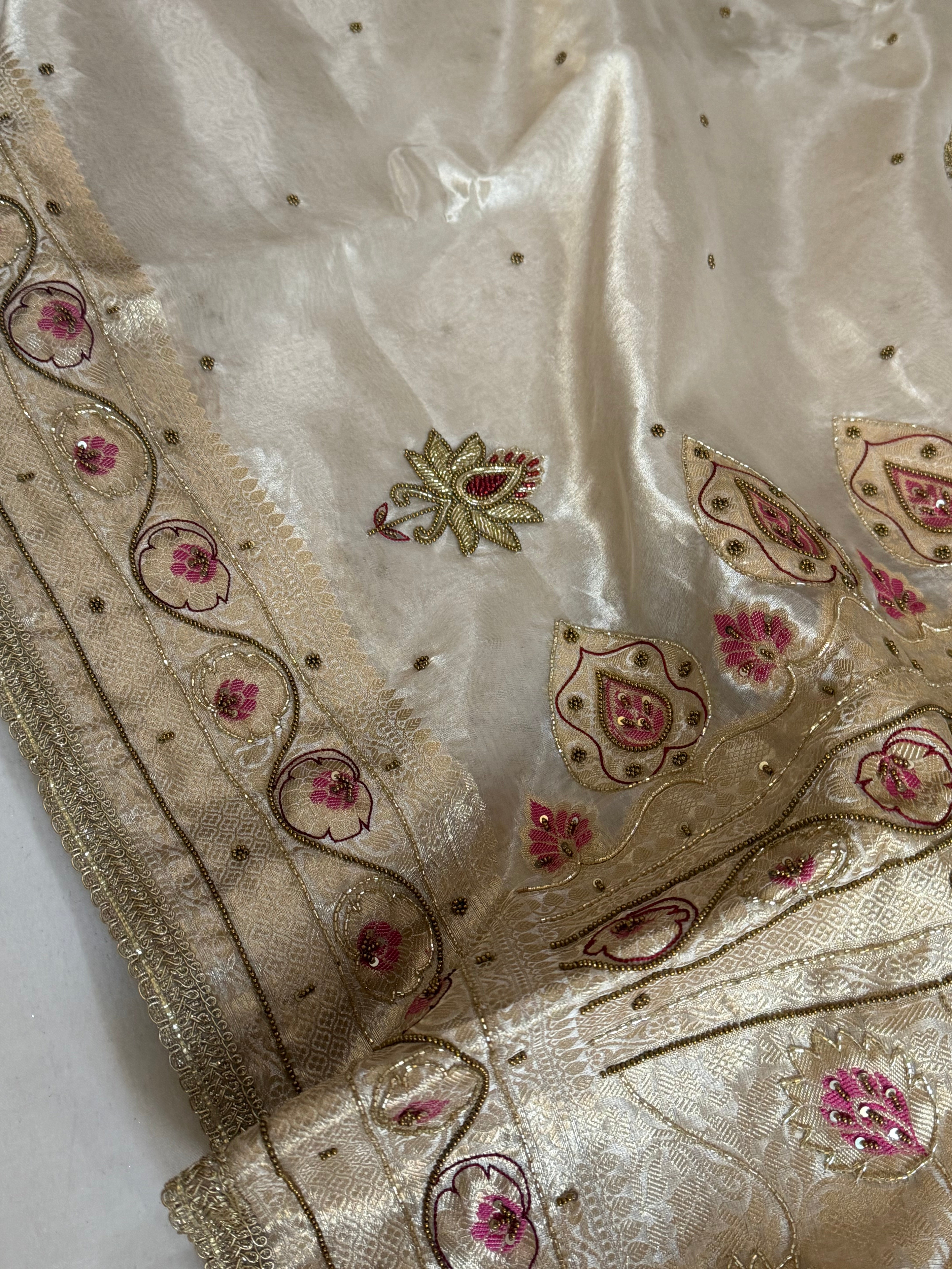 Moonlight silver diamond tissue pink meenakari kadhwa hand embroidered saree