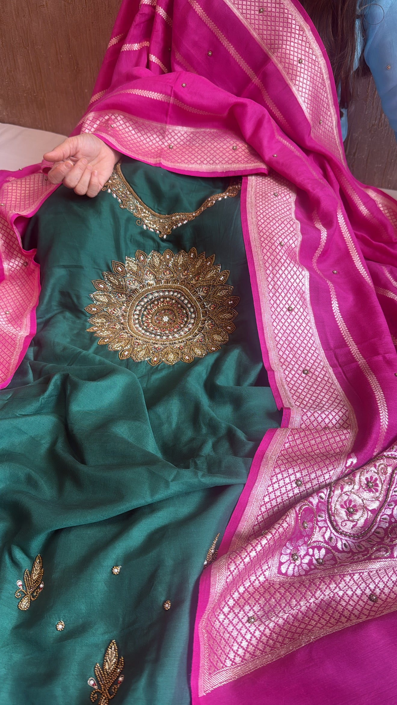 Hot pink - Bottle green spun chiniya silk hand embroidered mandala work suit set
