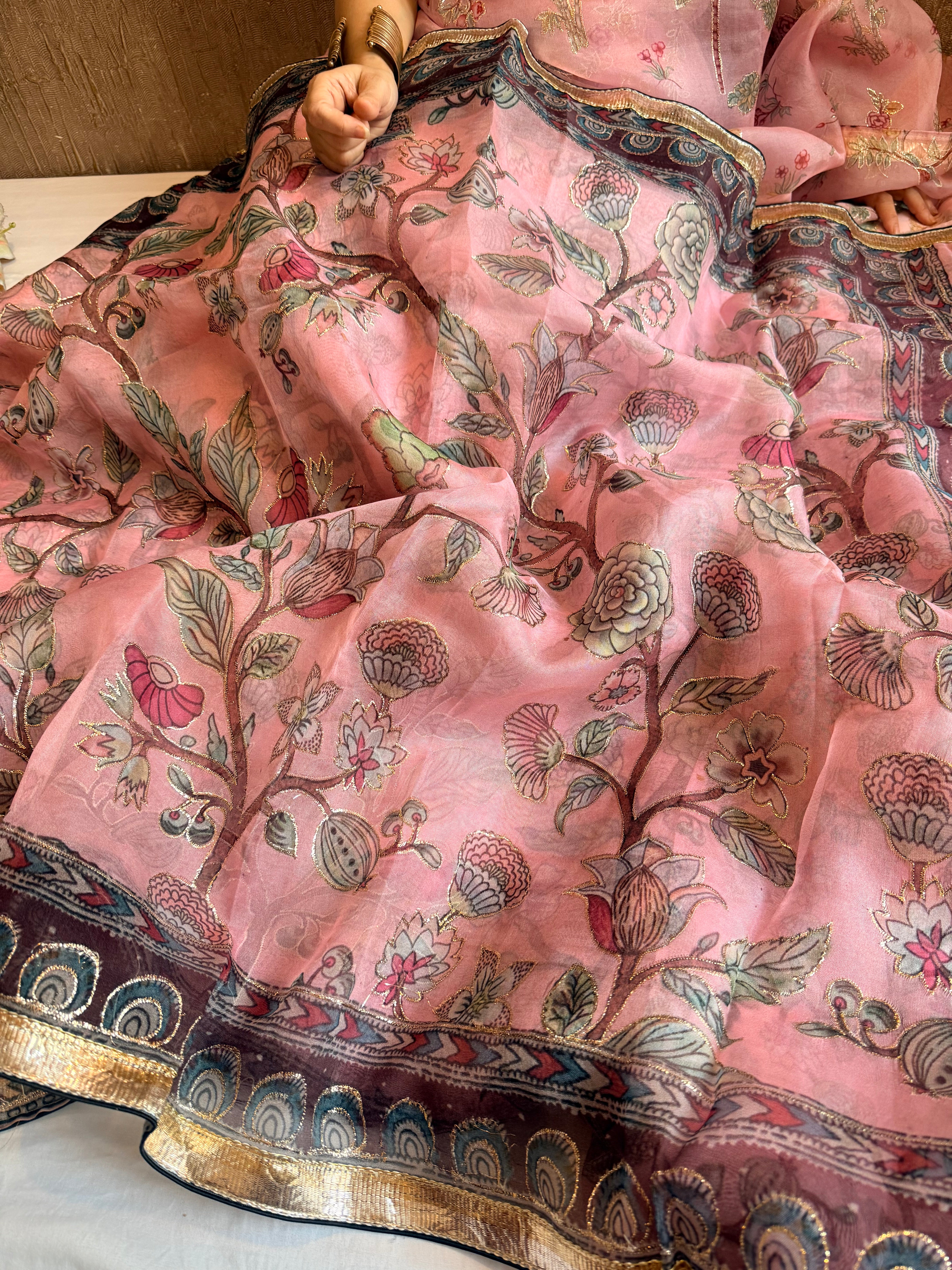 Kora silk printed lampi gotapatti hand embroidered saree