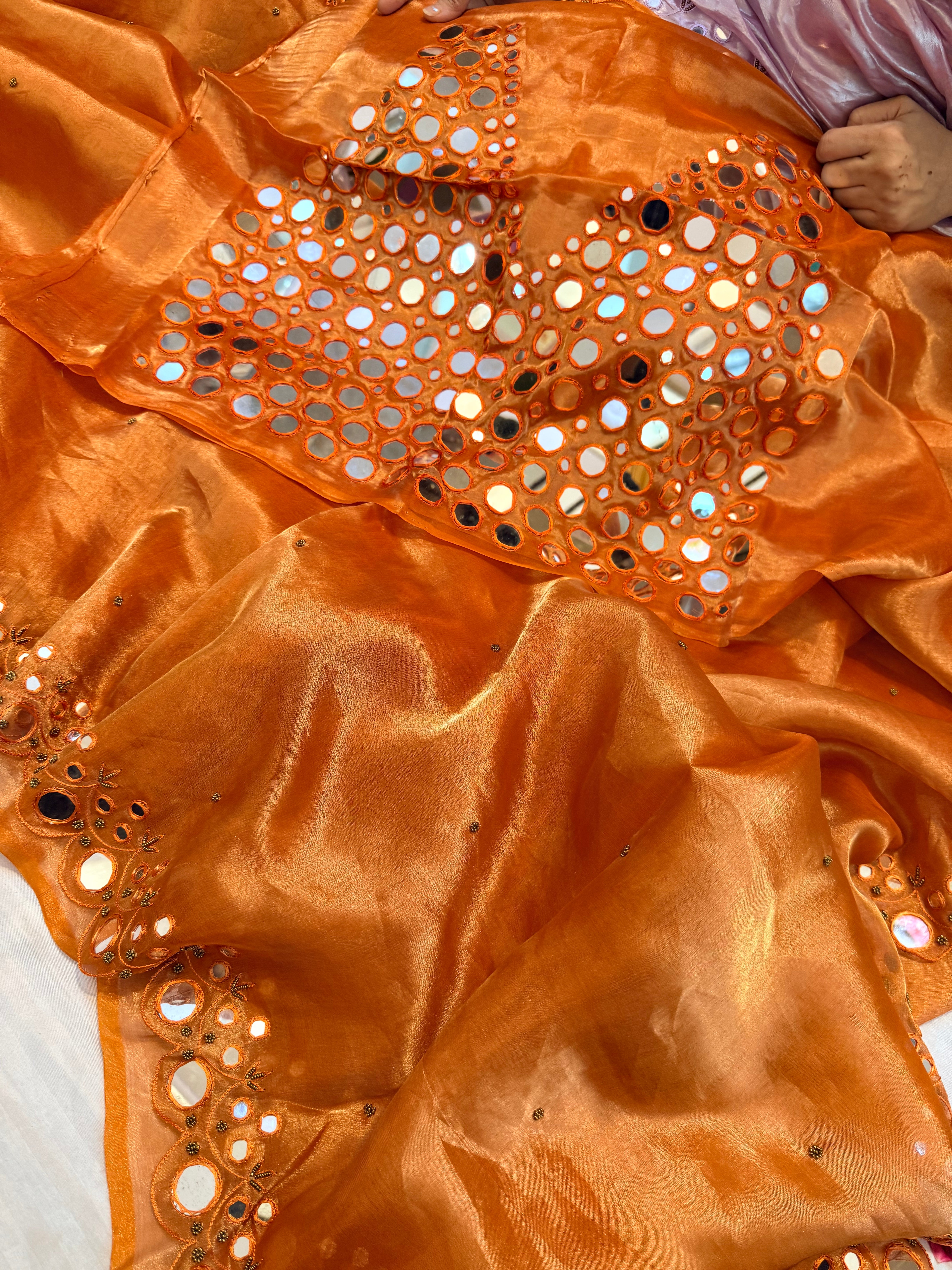 Sheeshe wali fanta orange tissue silk mirrorwork hand embroidered banarasi saree