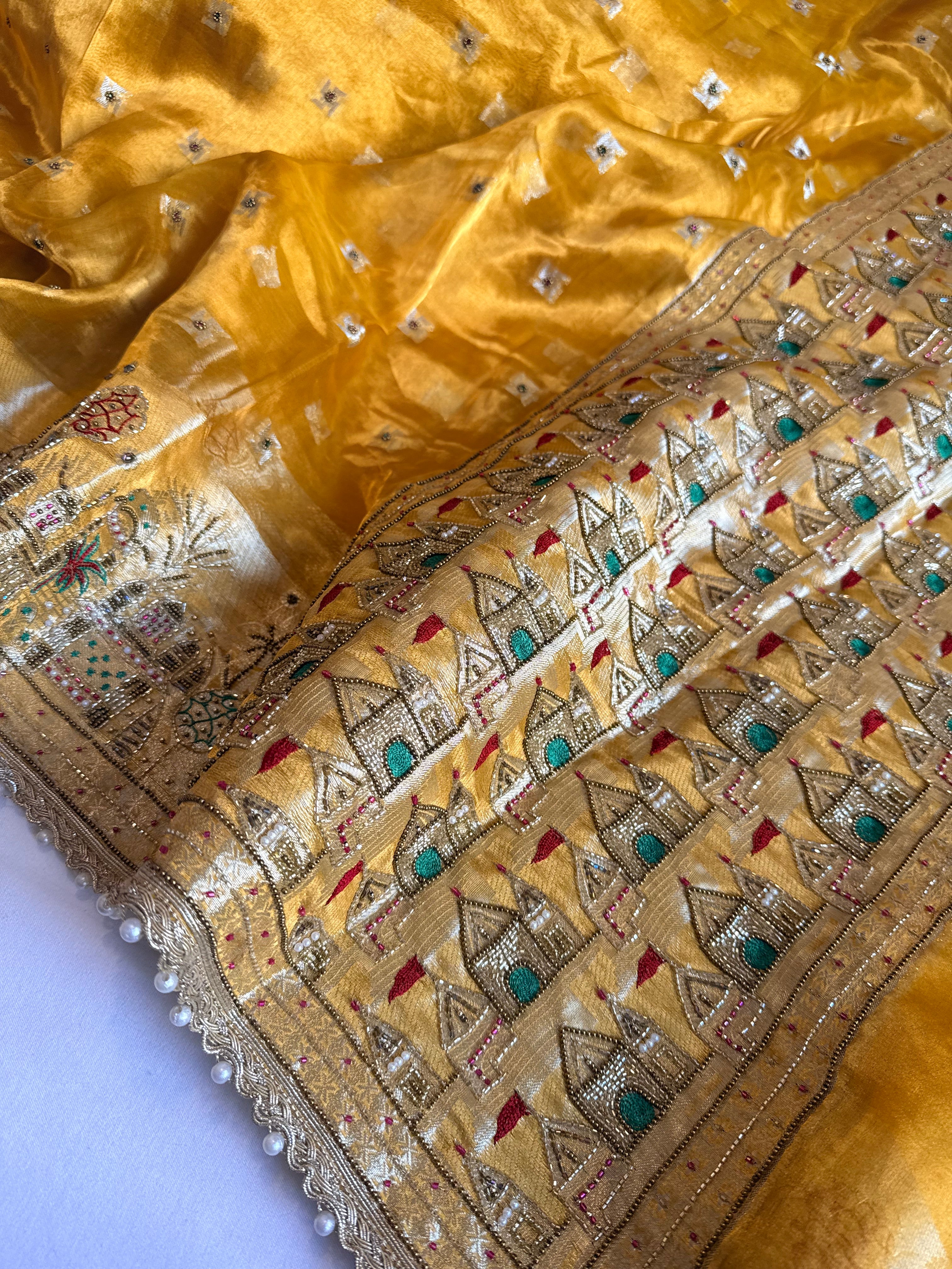 Ganga-darshan edit - Tissue silk kanjivaram yellow hand embroidered kadhwa saree