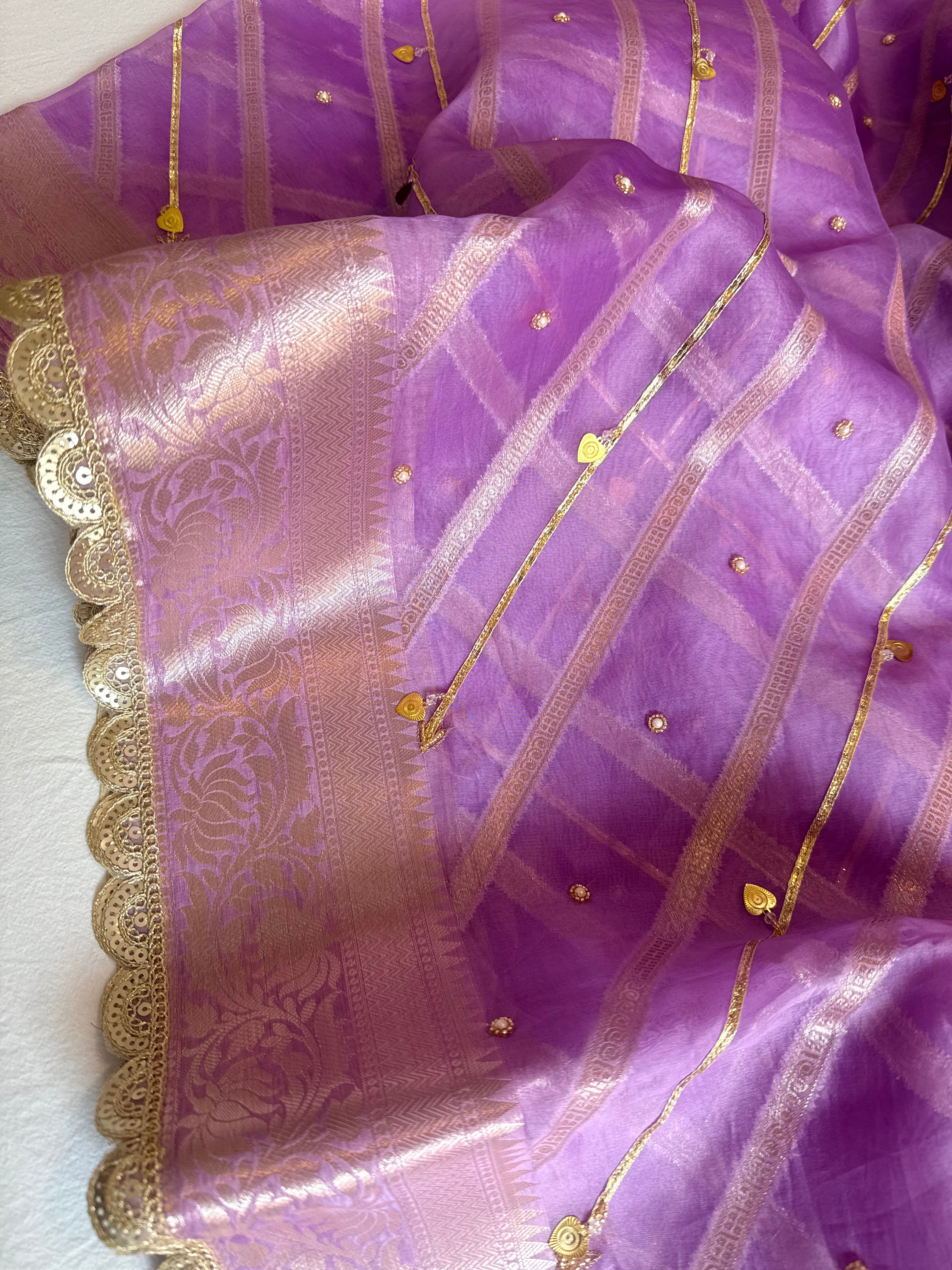 Kora silk kadhwa striped gotapatti work hand embroidered saree
