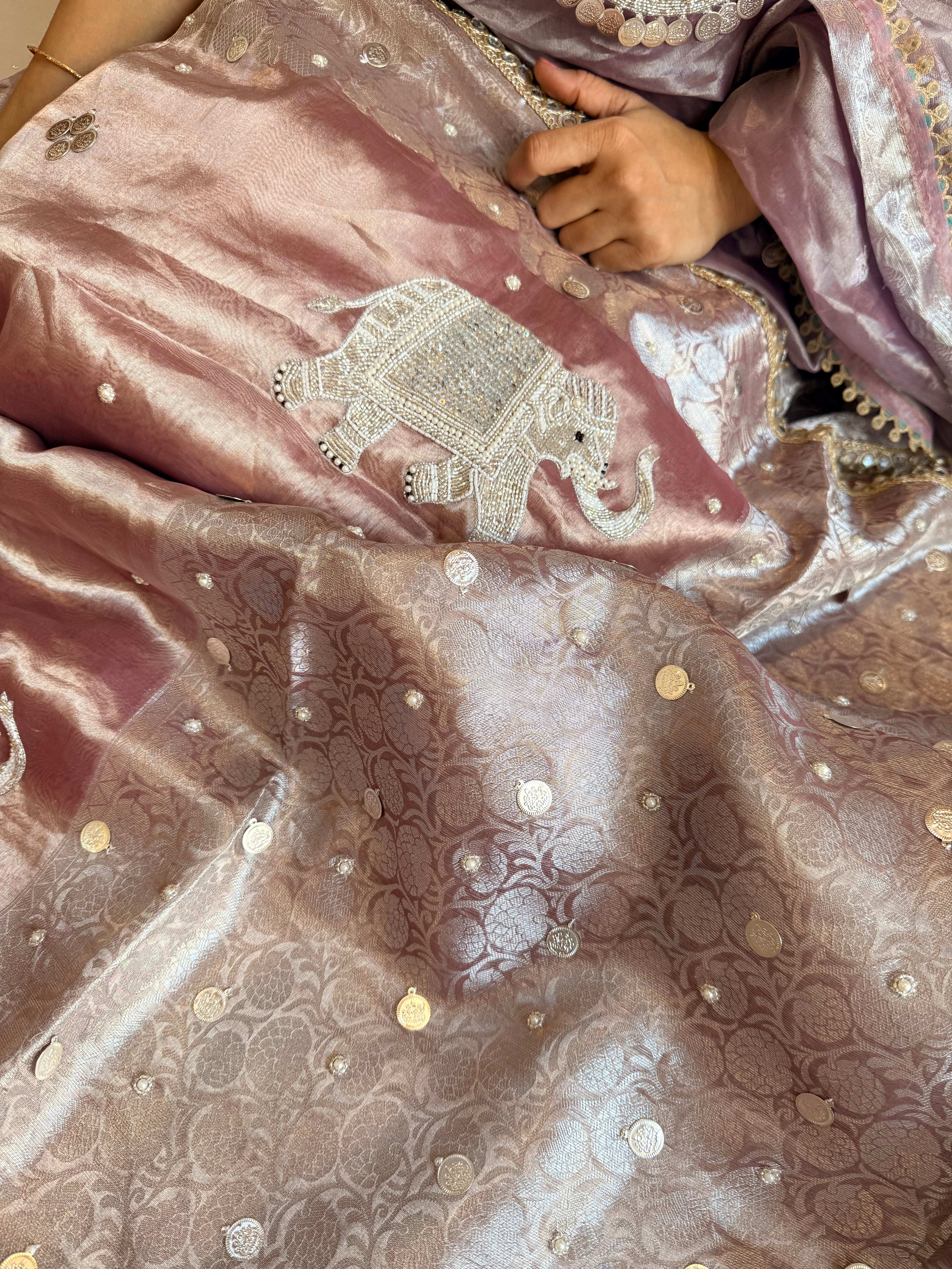 Gulabi jadau edit - Rose peach tissue silk jadau work hand embroidered saree