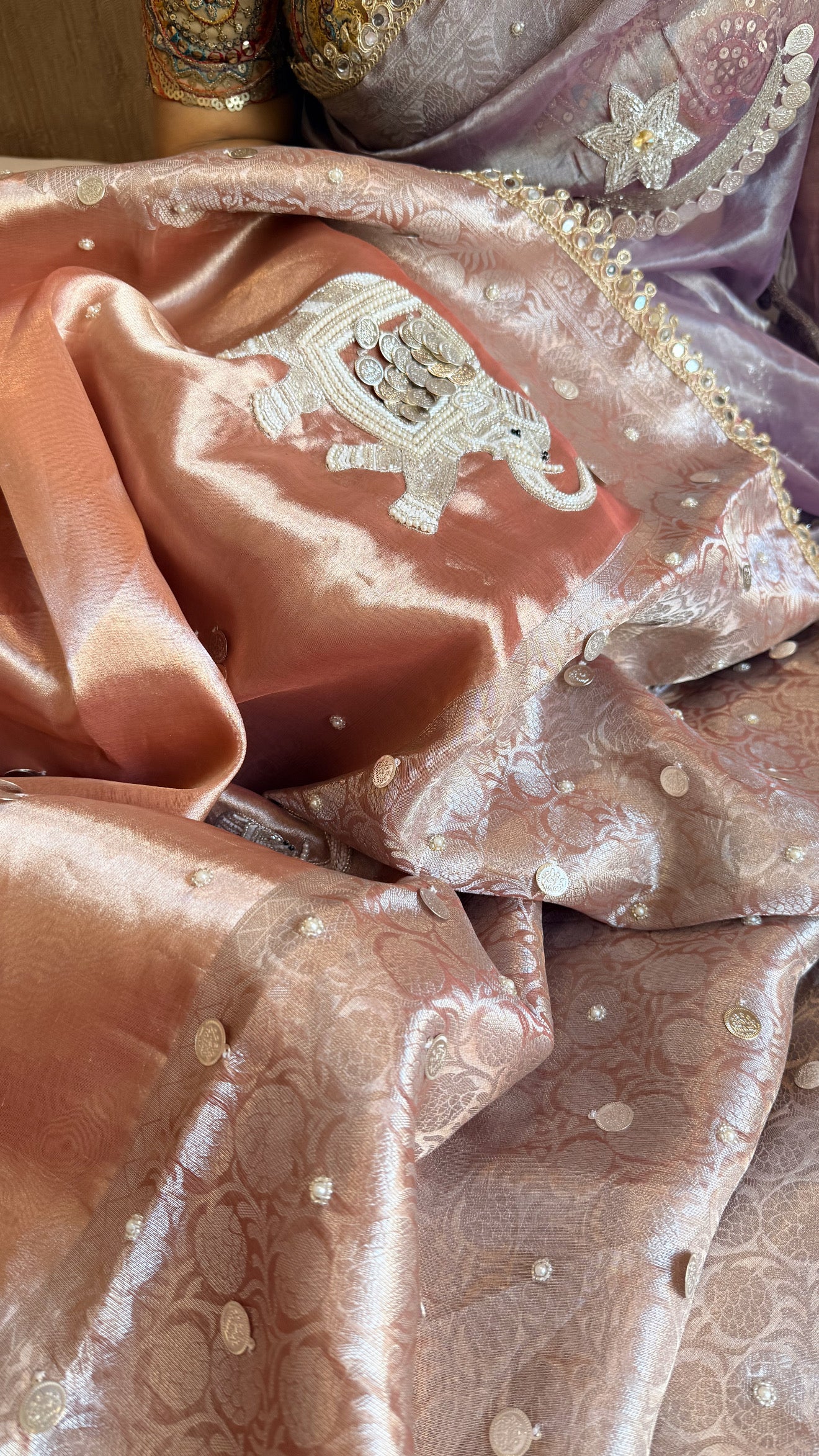 Gulabi jadau edit - Blush pinkish peach tissue silk jadau work hand embroidered saree
