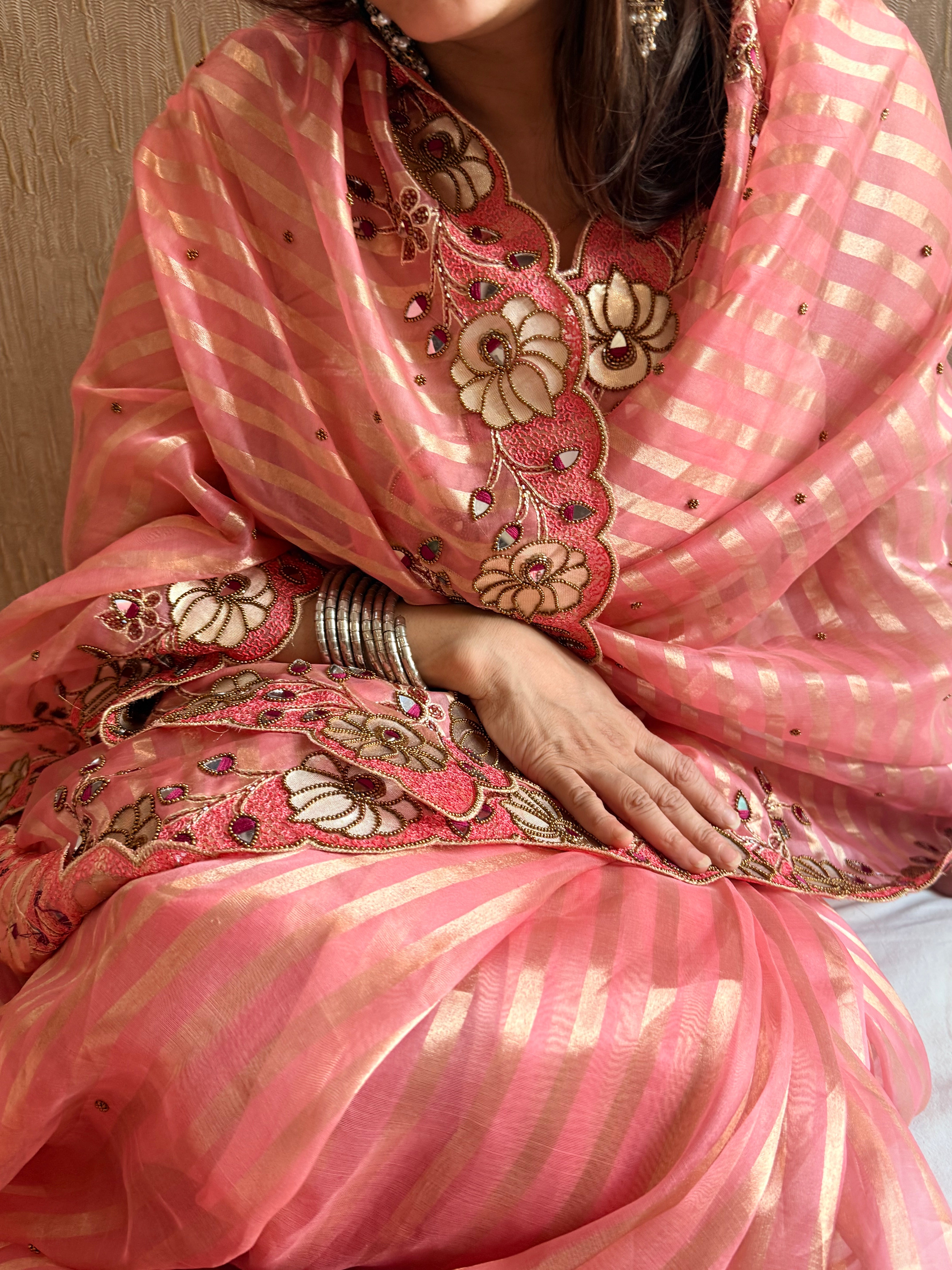 Phool wali rangeen tissue silk striped rangkaat hand embroidered saree