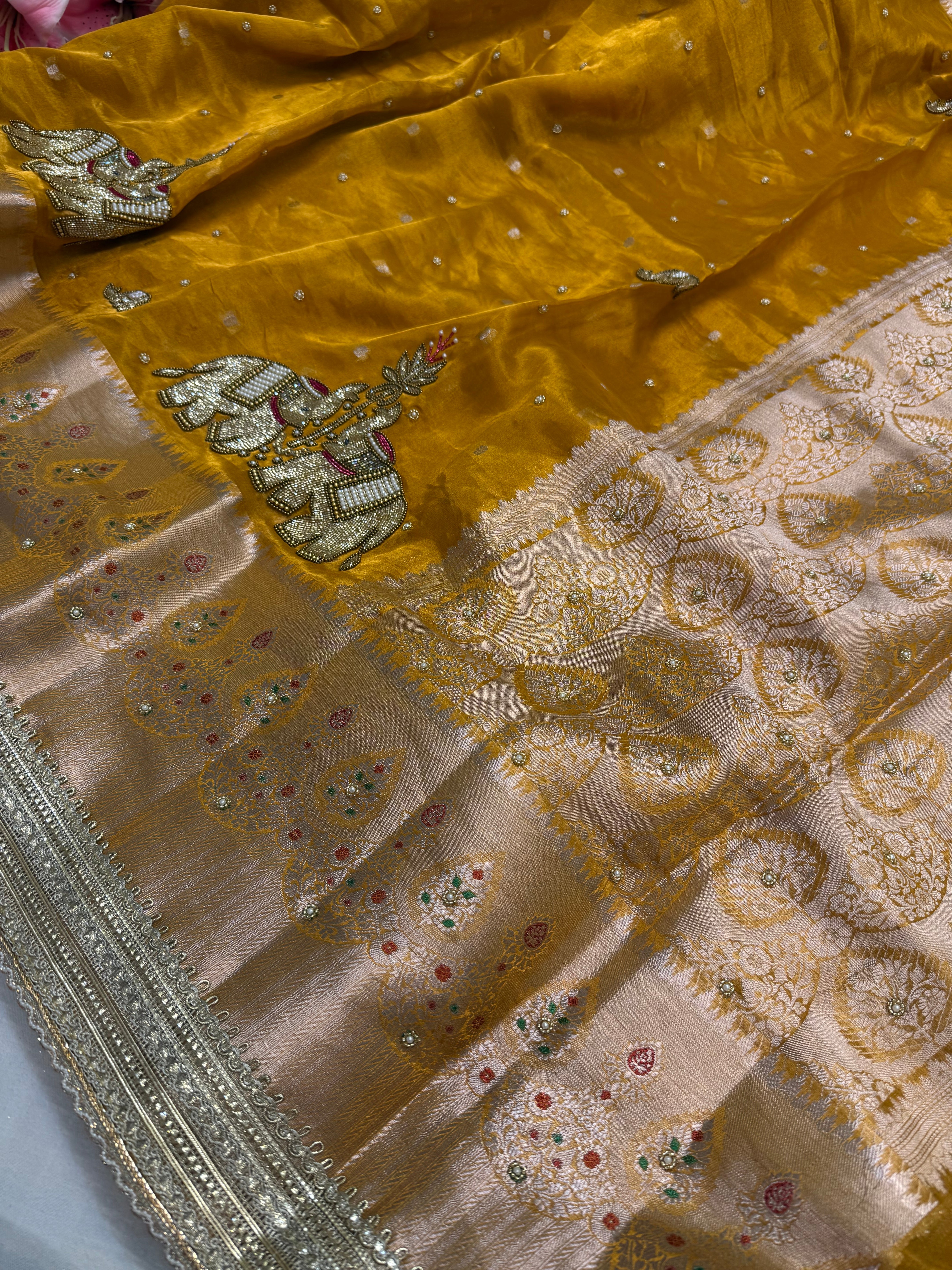 Karwachauth special - Haldi yellow tissue silk elephant motif hand embroidered saree