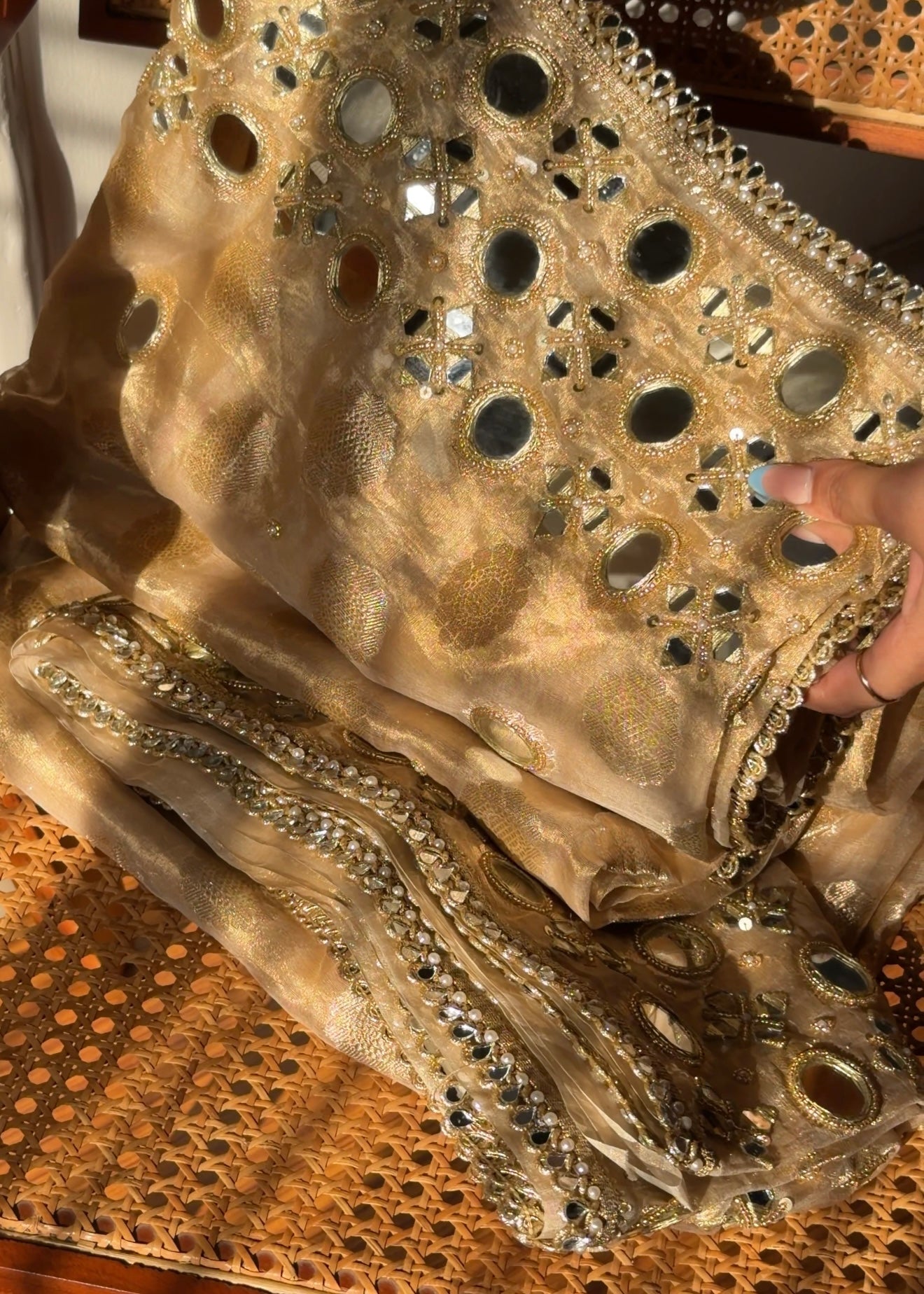Butter gold kaanch wali mirrorwork hand embroidered tissue silk buti saree