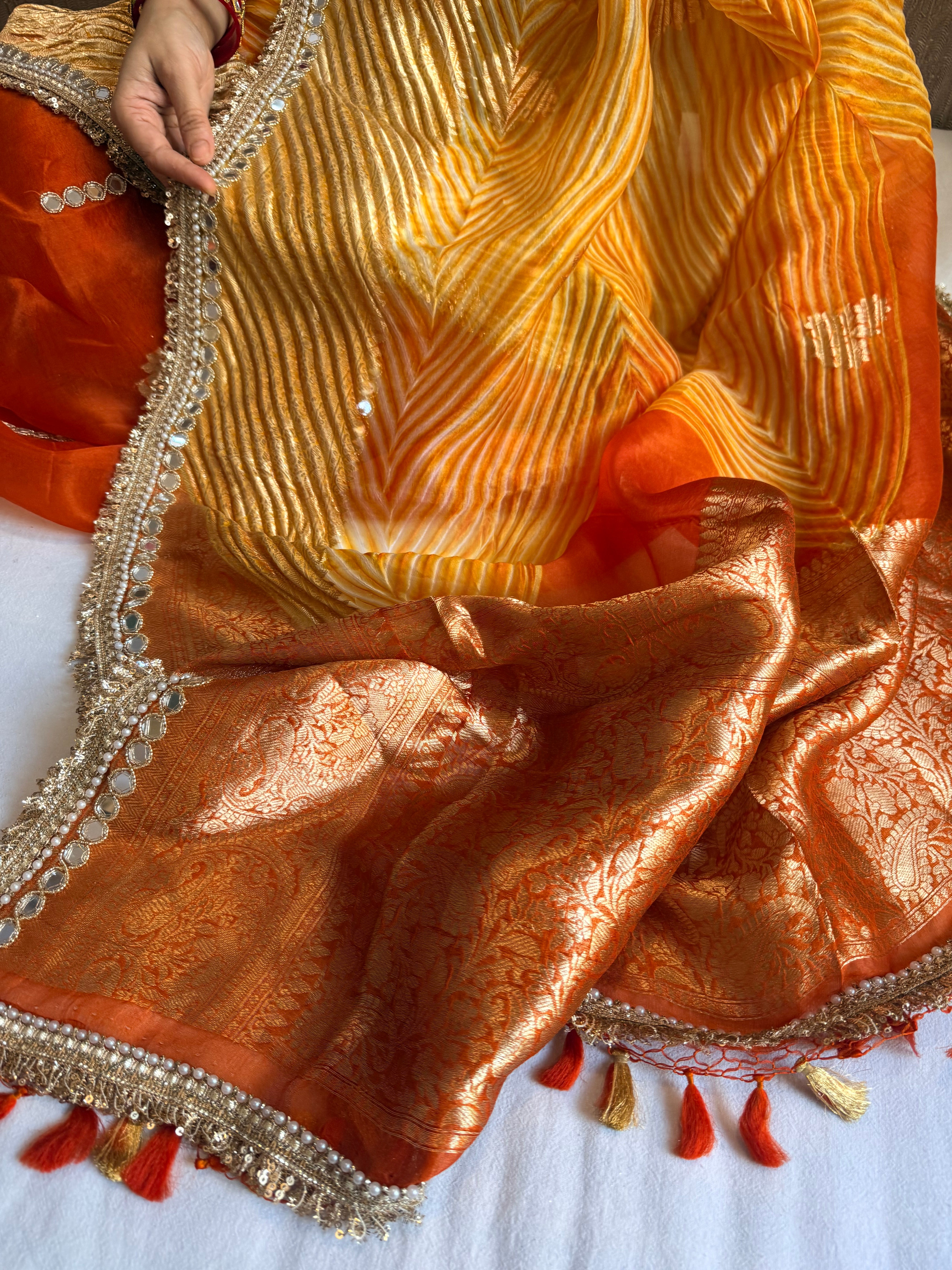 Sunset orange banarasi kora silk mirrorwork arshi dyed kadhwa saree