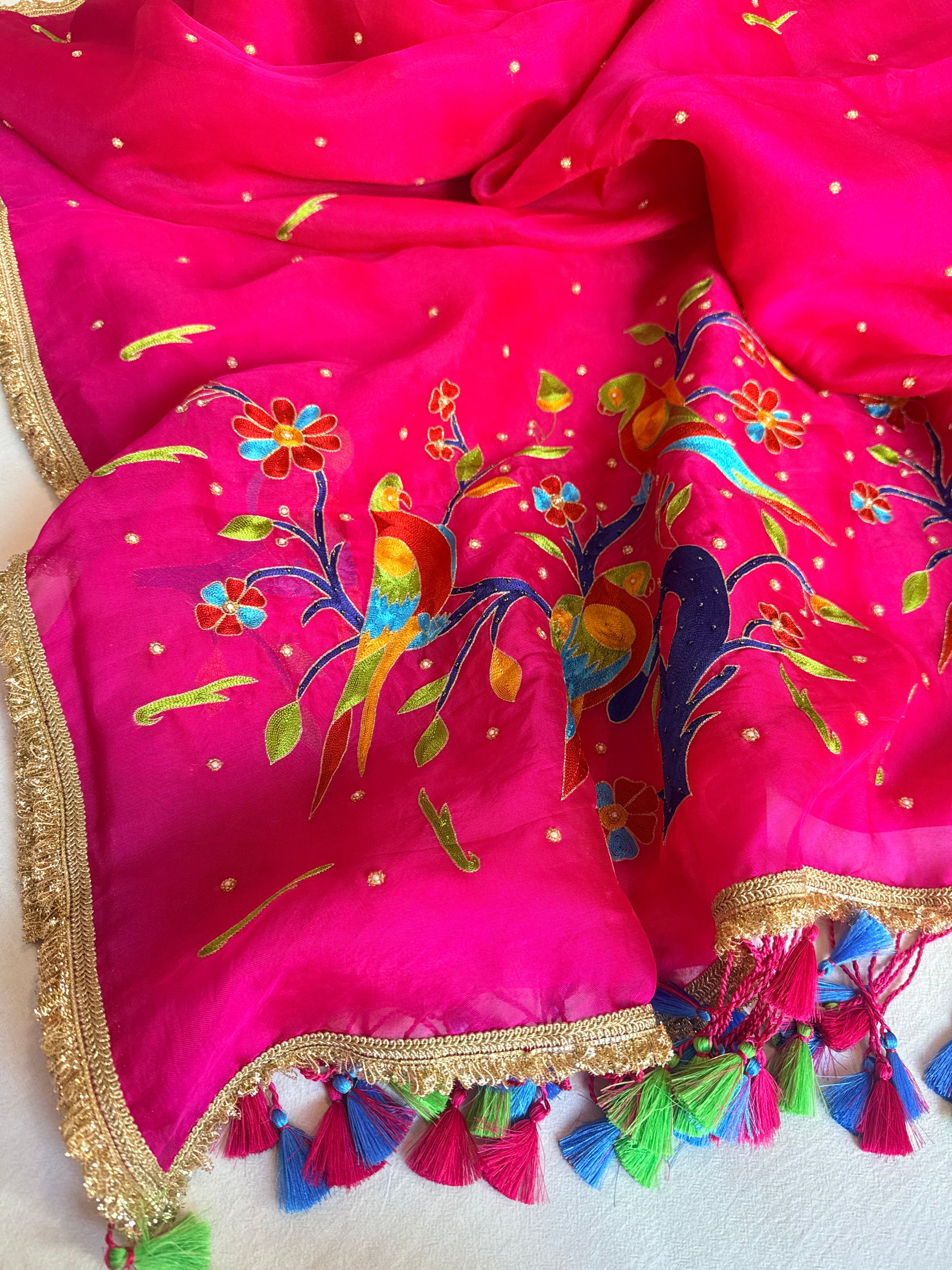 Rani pink kora silk paithani weaving hand embroidered kadhwa saree