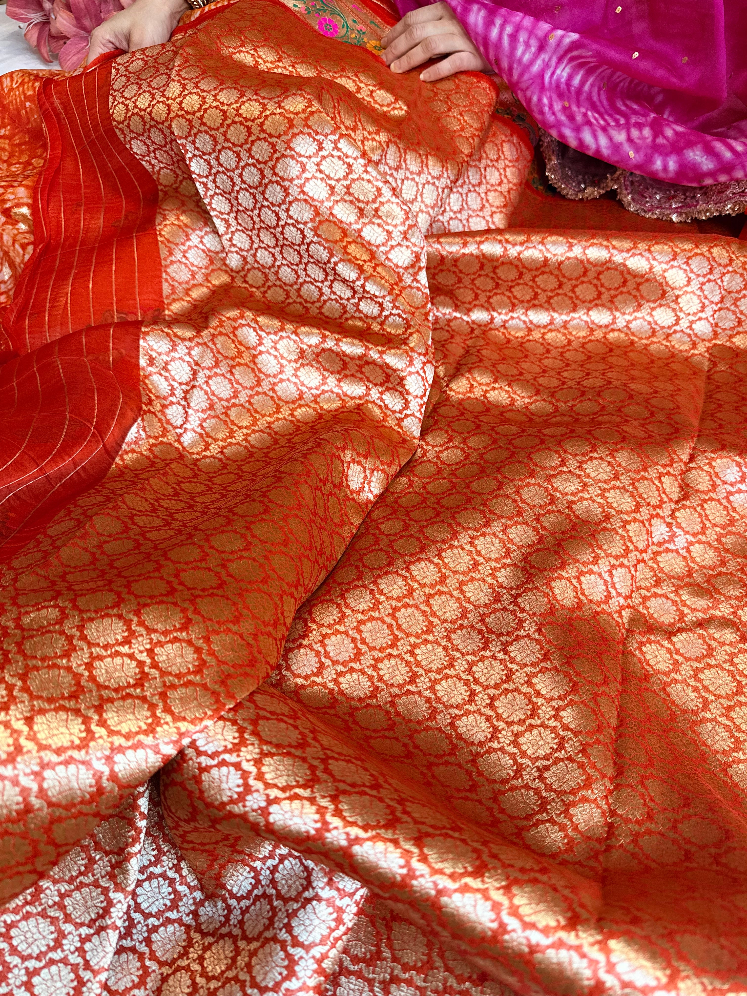 Fanta orange kora silk paithani border meenakari arshi dye saree