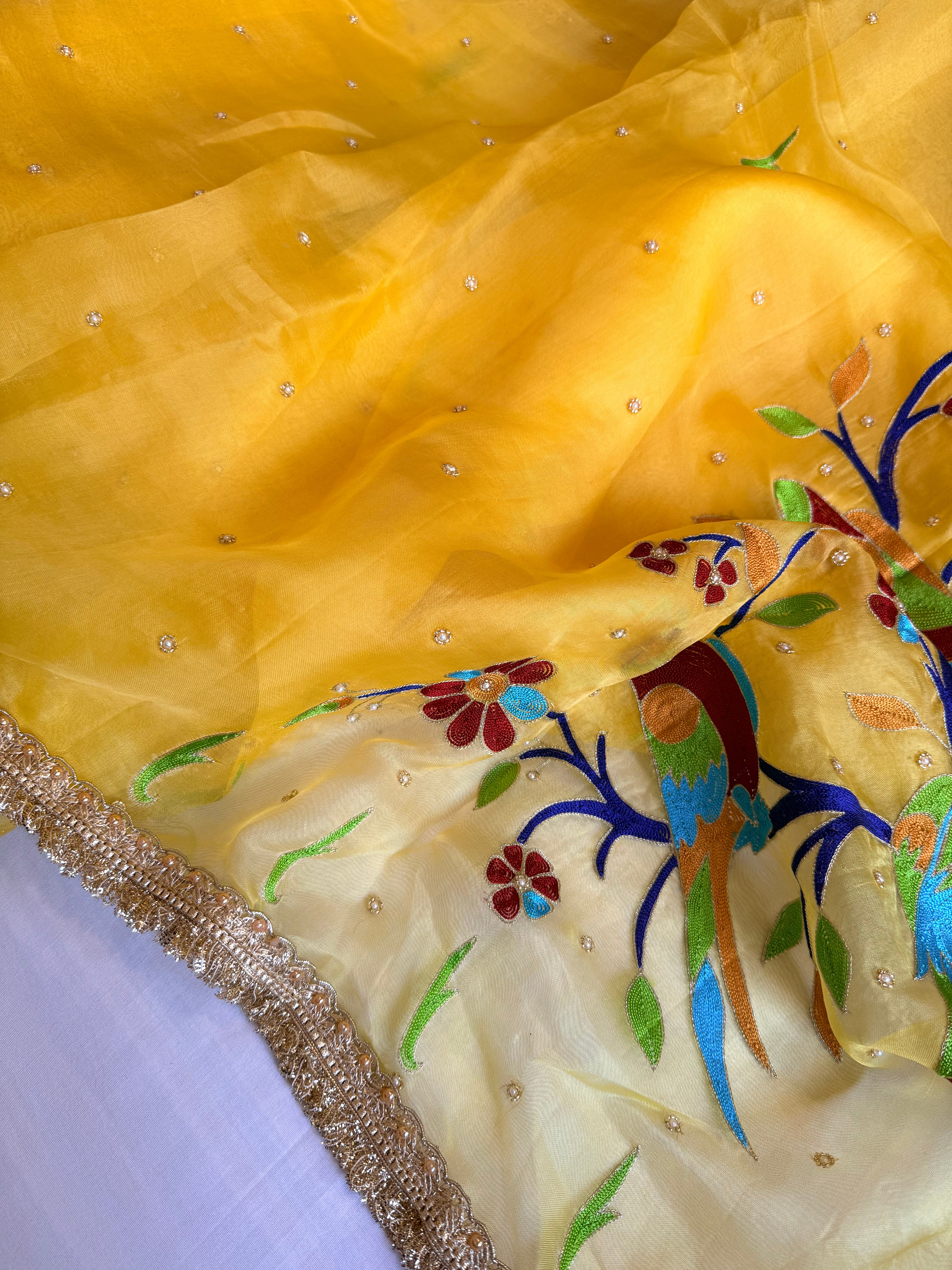 Kora silk golden yellow paithani hand embroidered meenakari saree