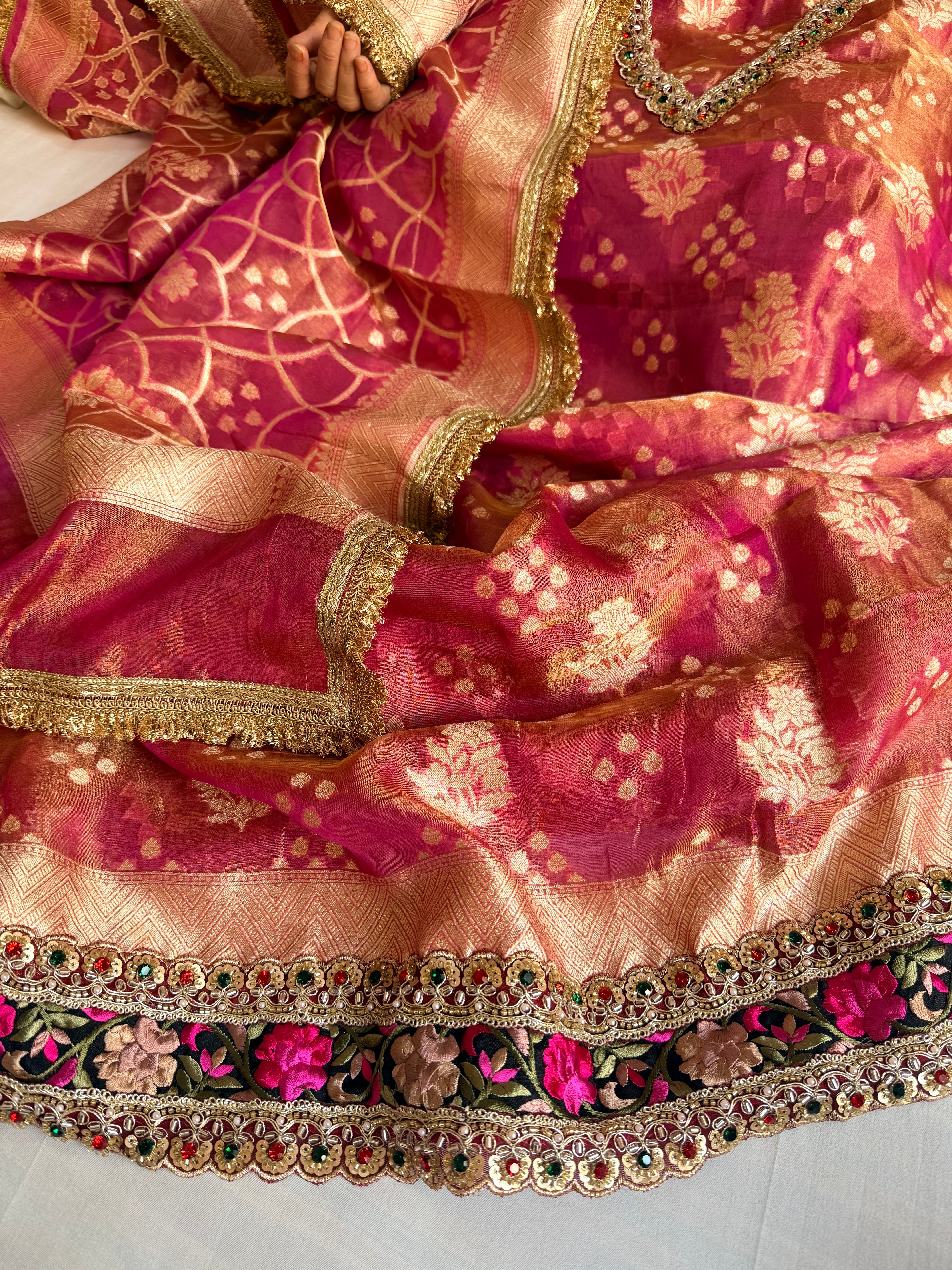 Navratna cherry pink tissue silk kadhwa buti hand embroidered suit sets