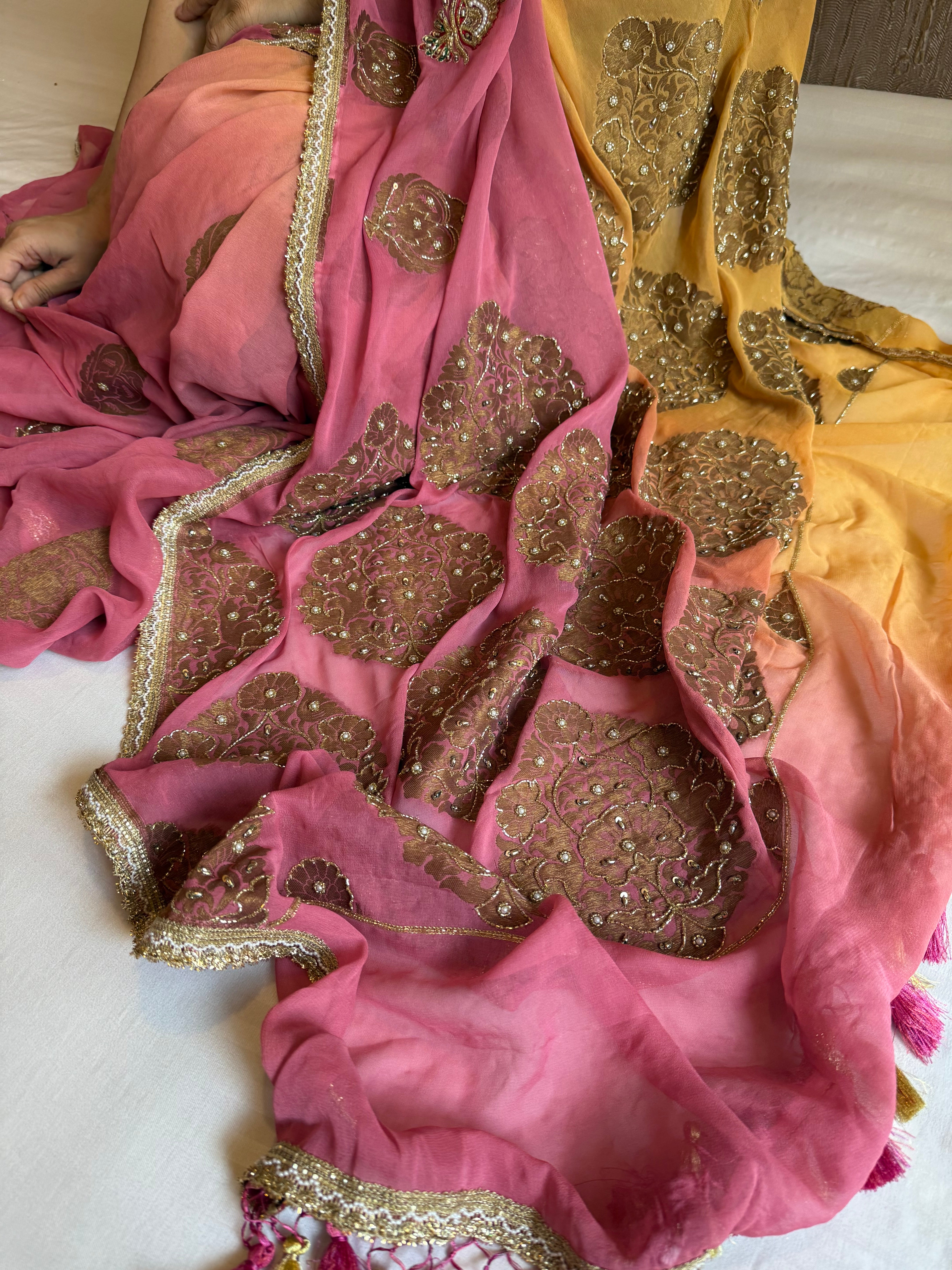 Haldi yellow and pink gorgette banarasi hand embroidered antique zari kadhwa saree