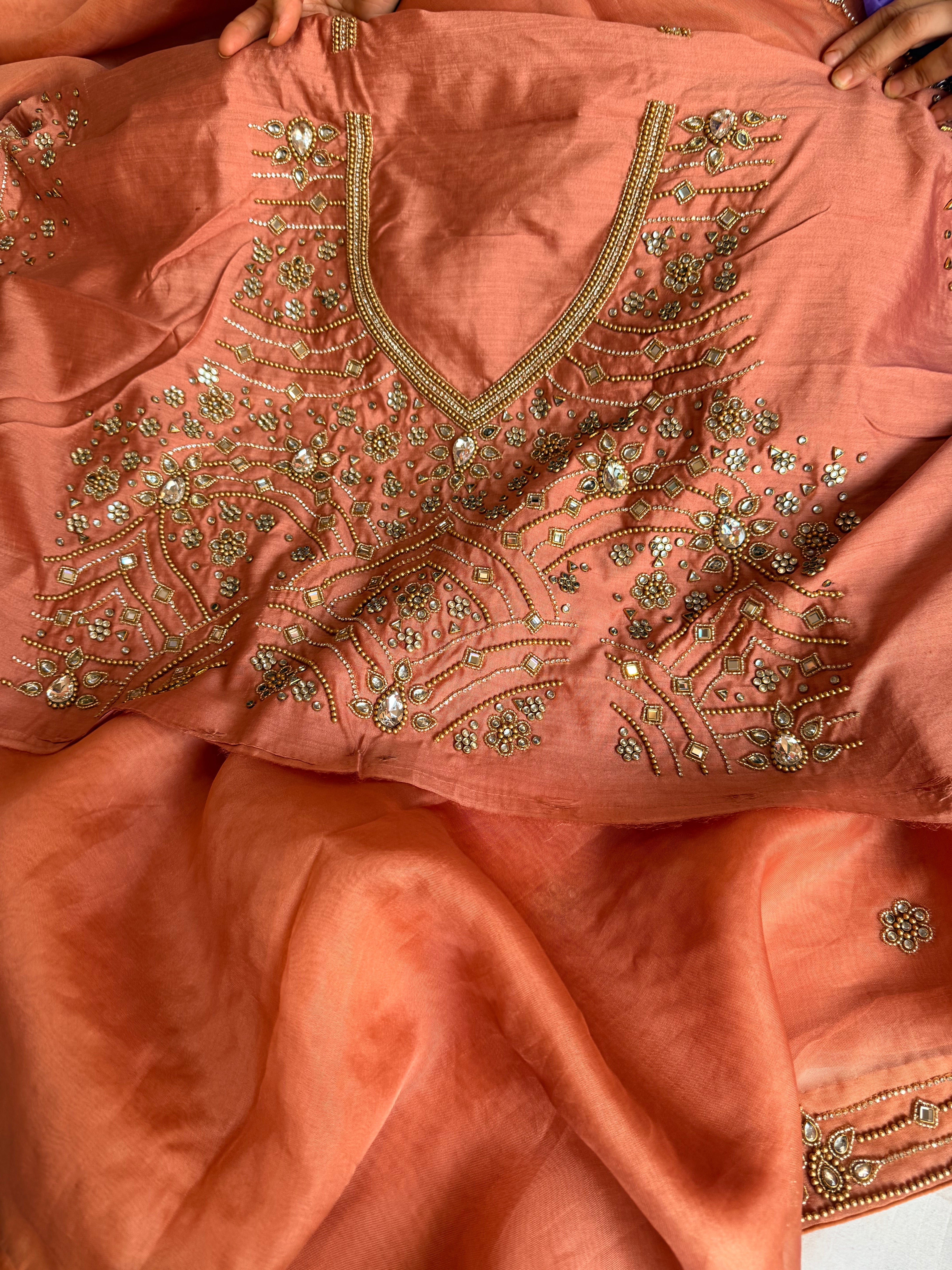 Banarasi rose peach kora silk polki hand embroidered kadhwa saree