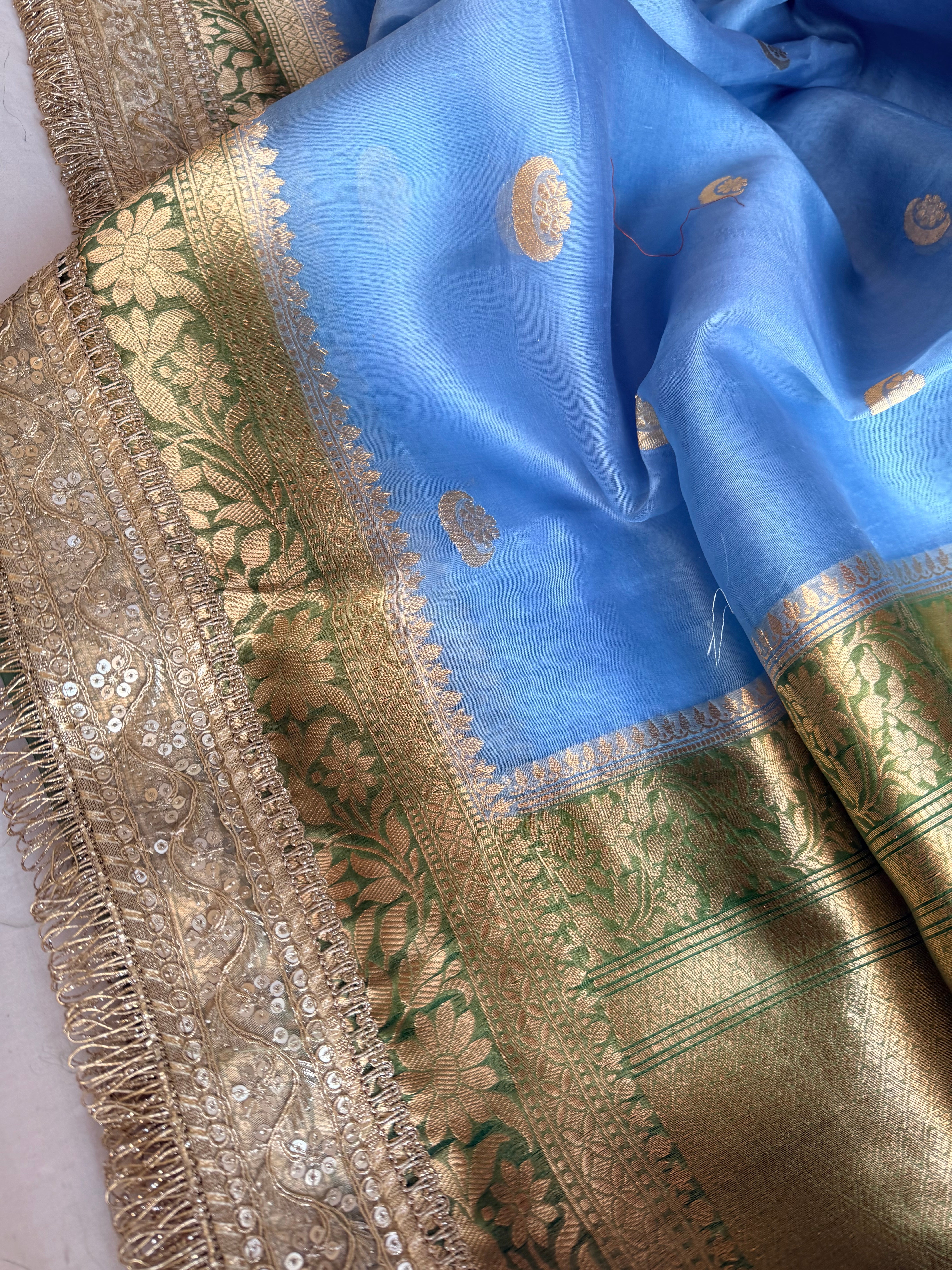 Banarasi leela water blue-green kora silk kadhwa saree