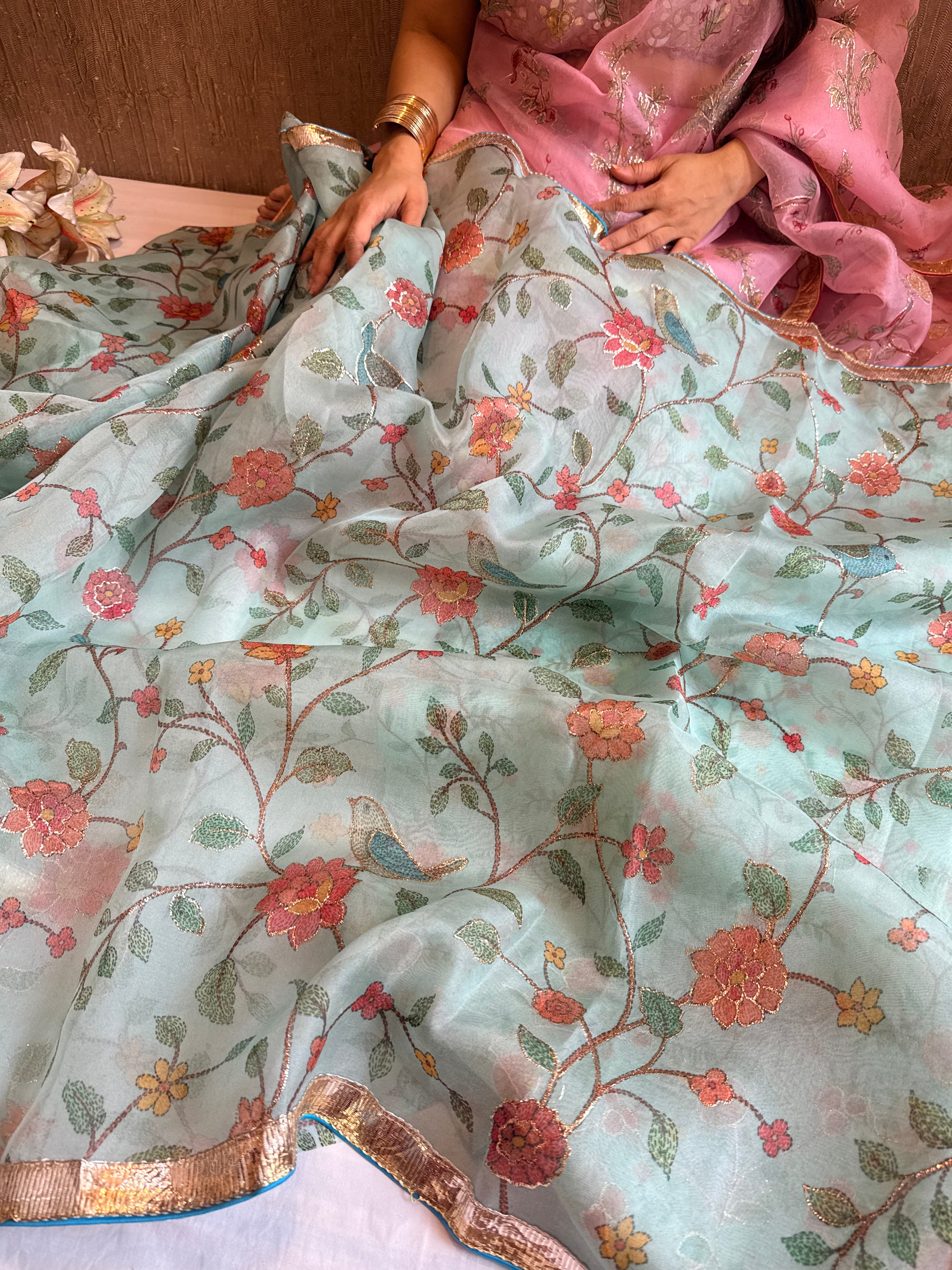 Kora silk printed lampi gotapatti hand embroidered saree