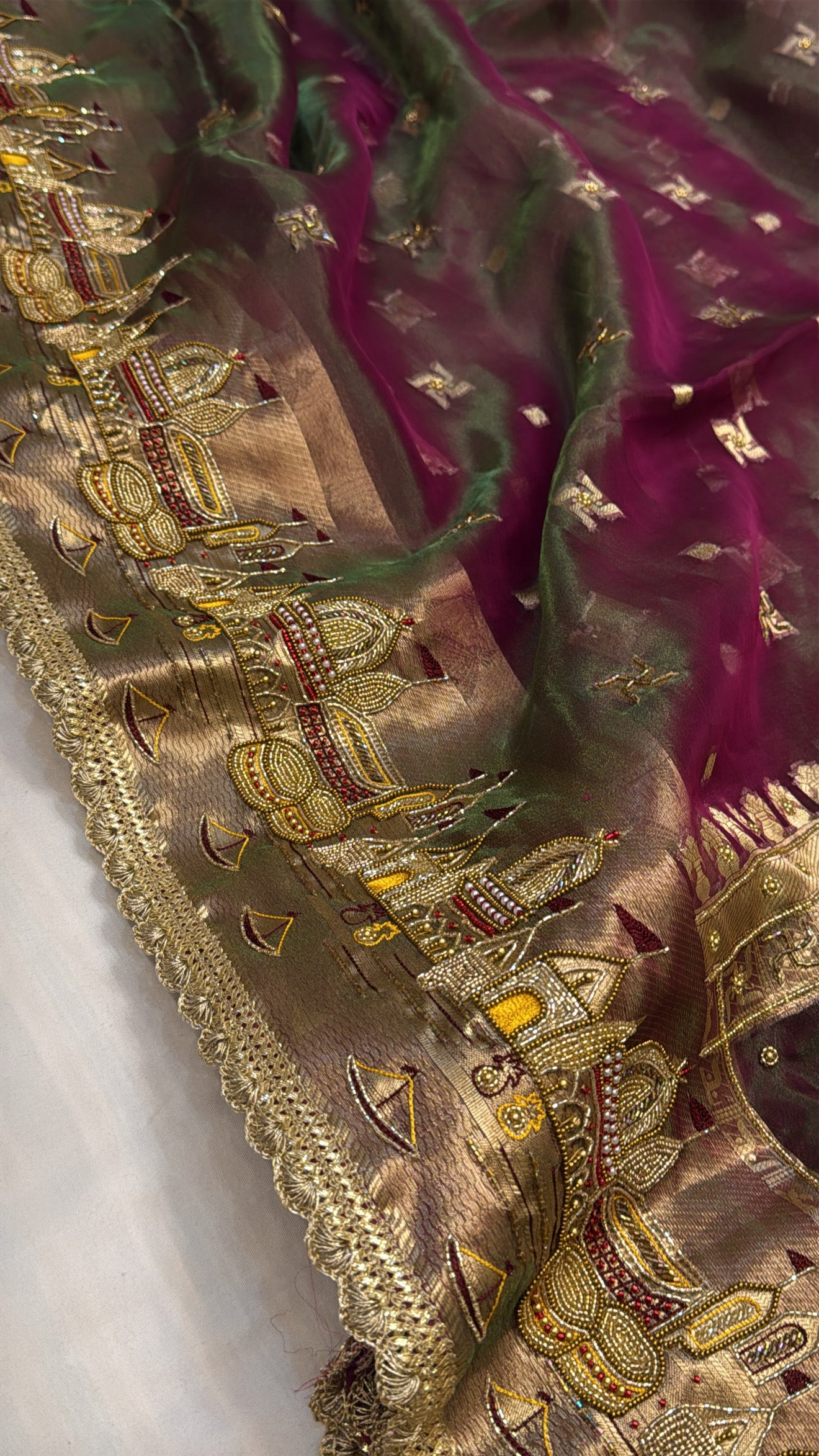 Gangaghat edit pinkish green dhup chao effect hand embroidered saree