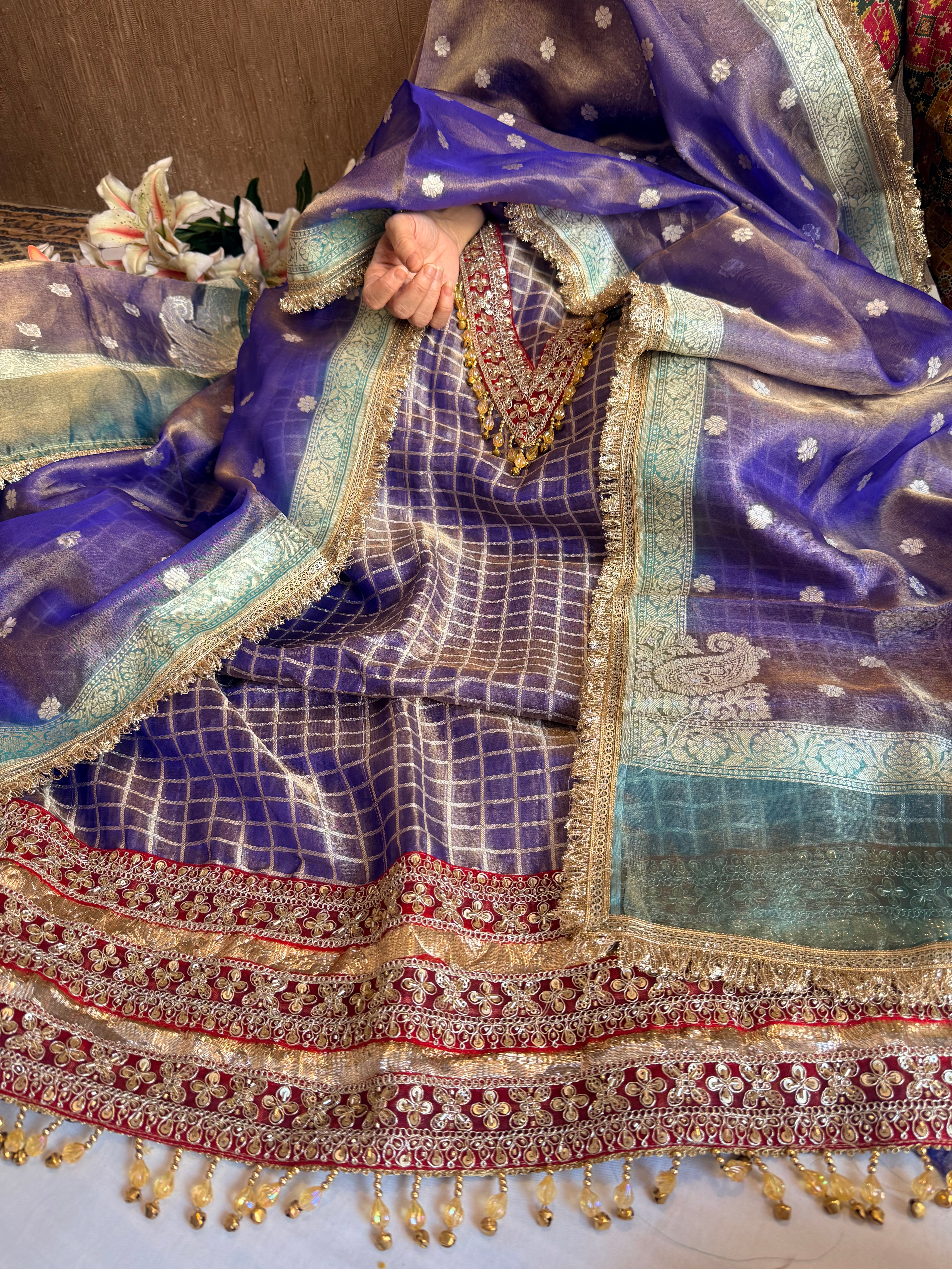 Banarasi tissue silk lampiwork chap dye hand embroidered embellished suit set