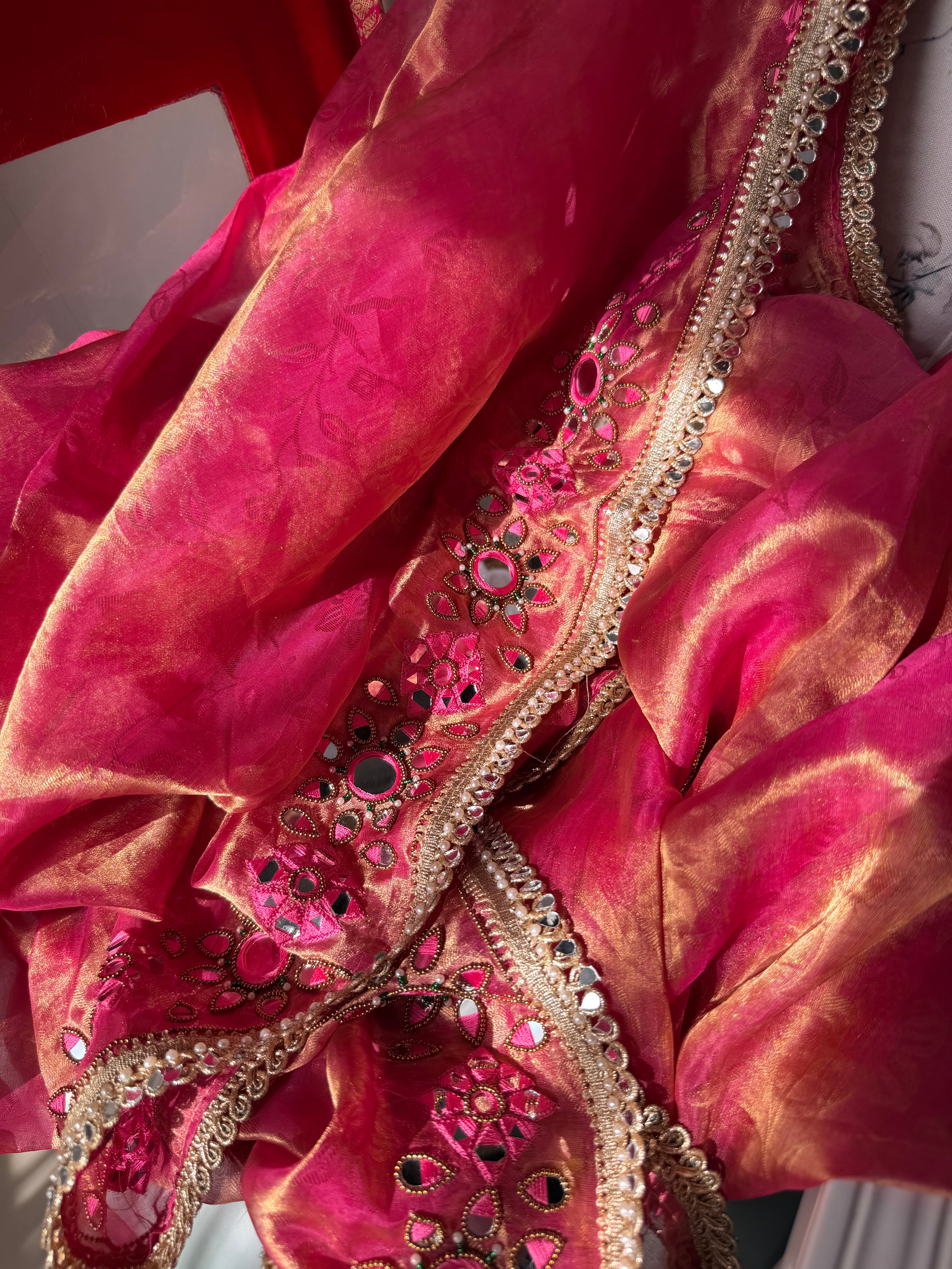 Desi barbie pink tissue tanchoi mirrorwork banarasi kadhwa saree