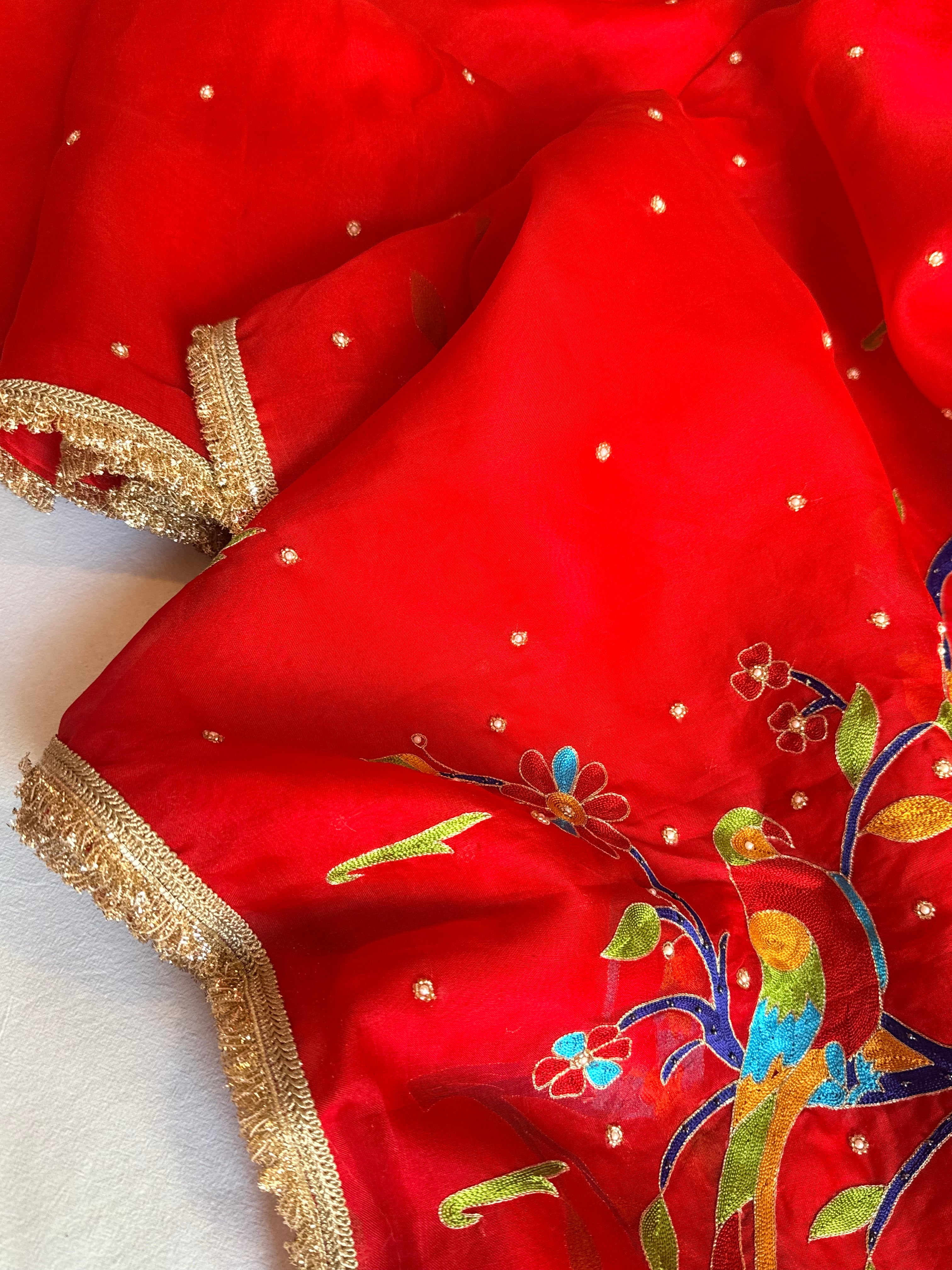 Blood red kora silk paithani weaving hand embroidered kadhwa saree