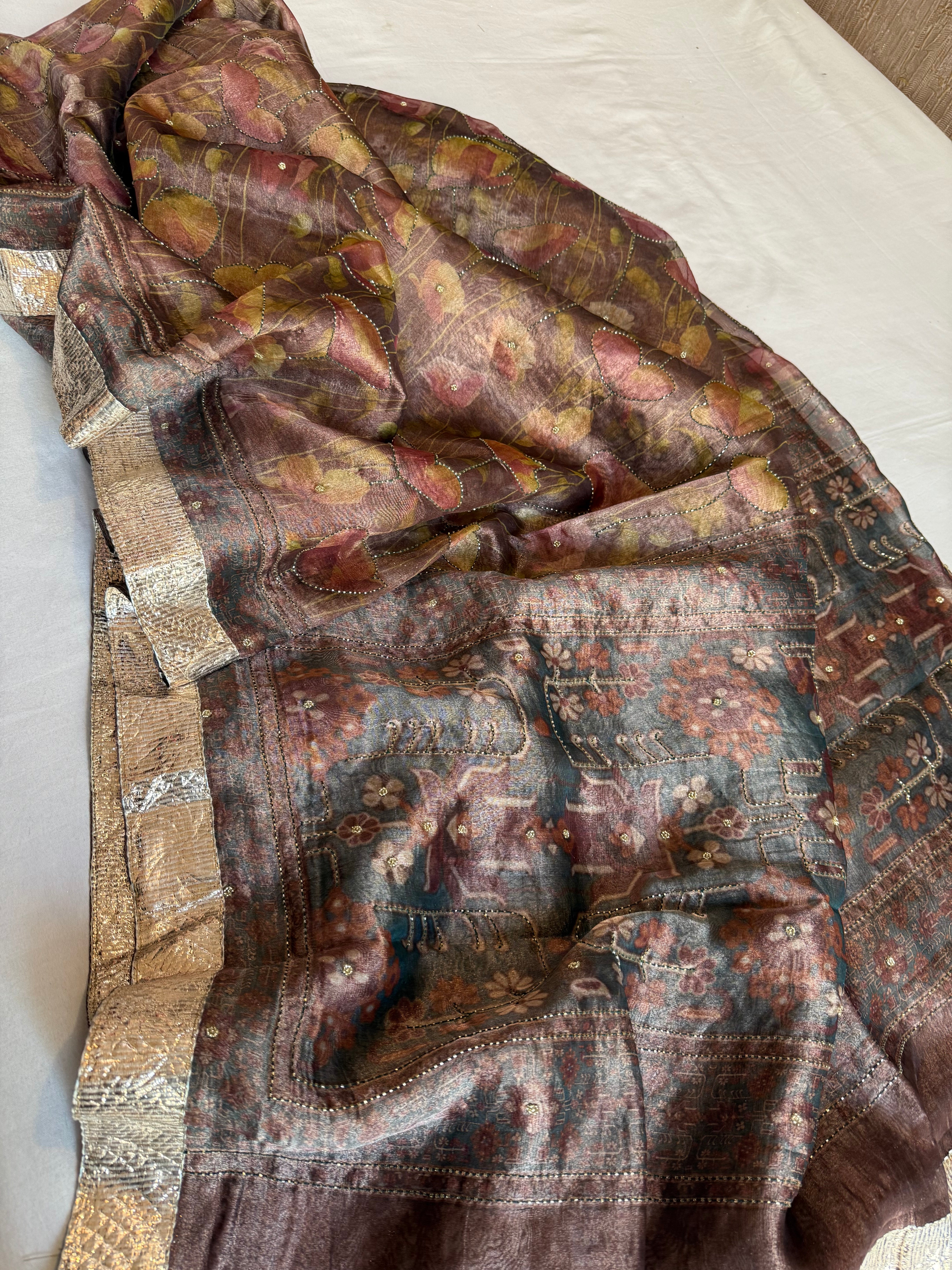 Printed tissue silk hand embroidered gotapatti kadhwa sarees