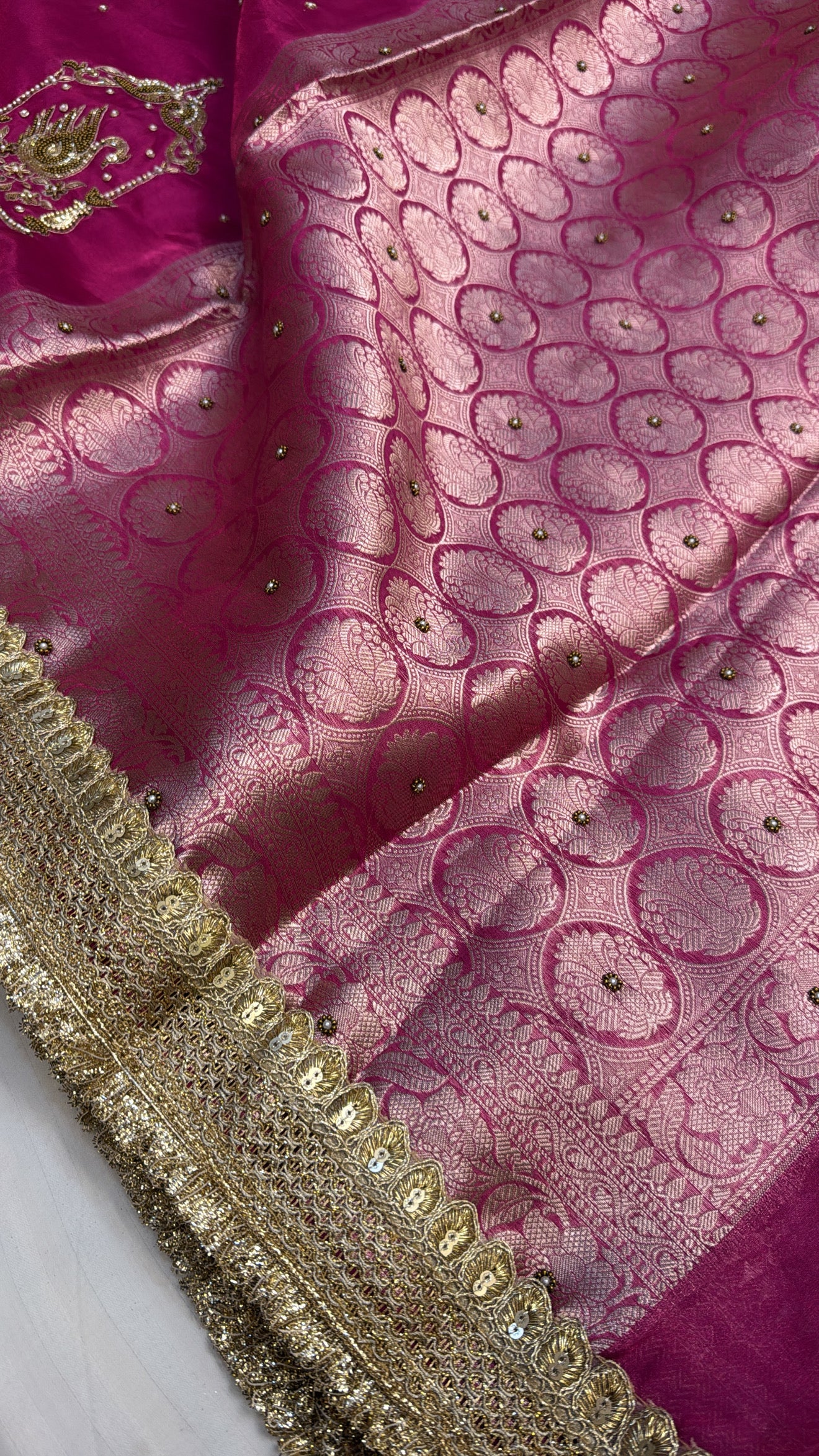 Pink special - Husn lotus pink peacock motif tissue silk hand embroidered saree