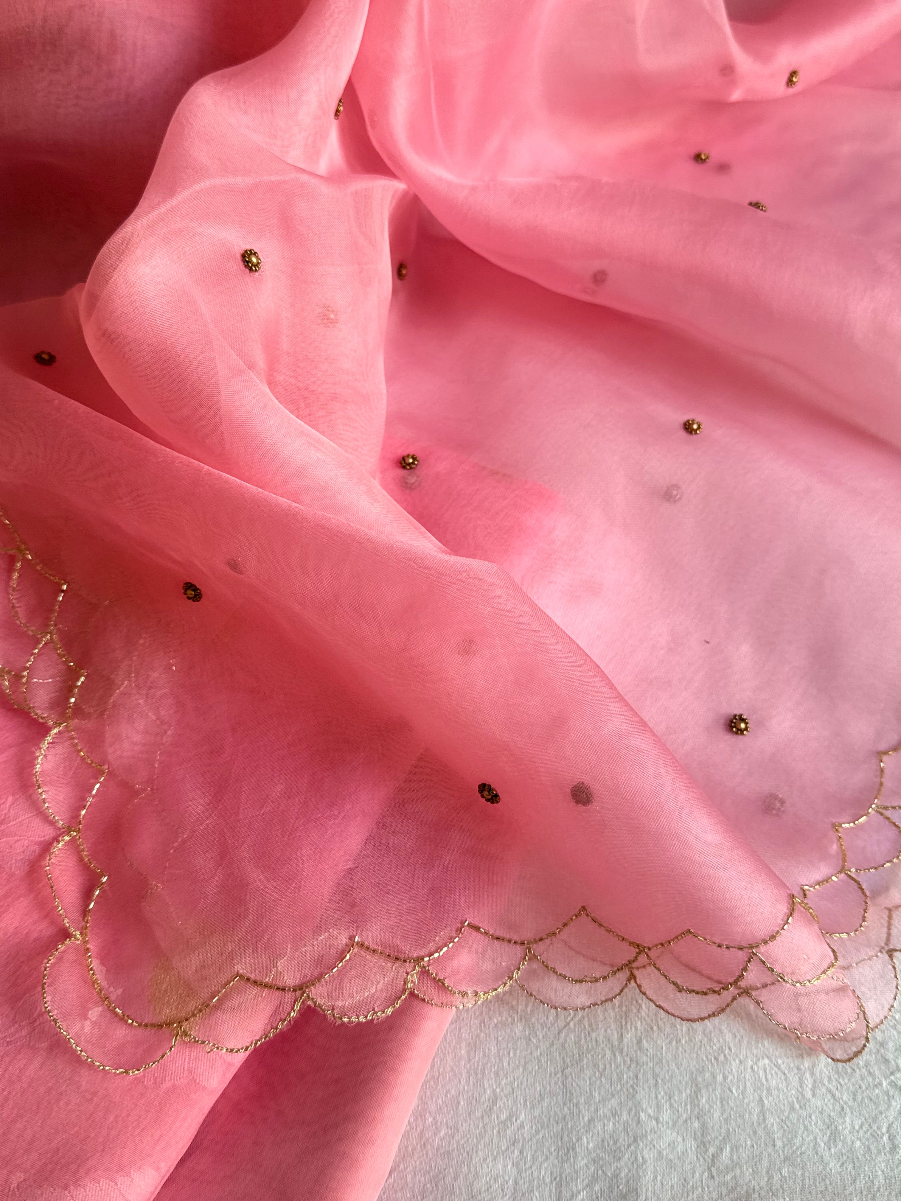 Summer suits under 8k - Mul cotton pink kurta paired with pink scalloped kora silk duppata