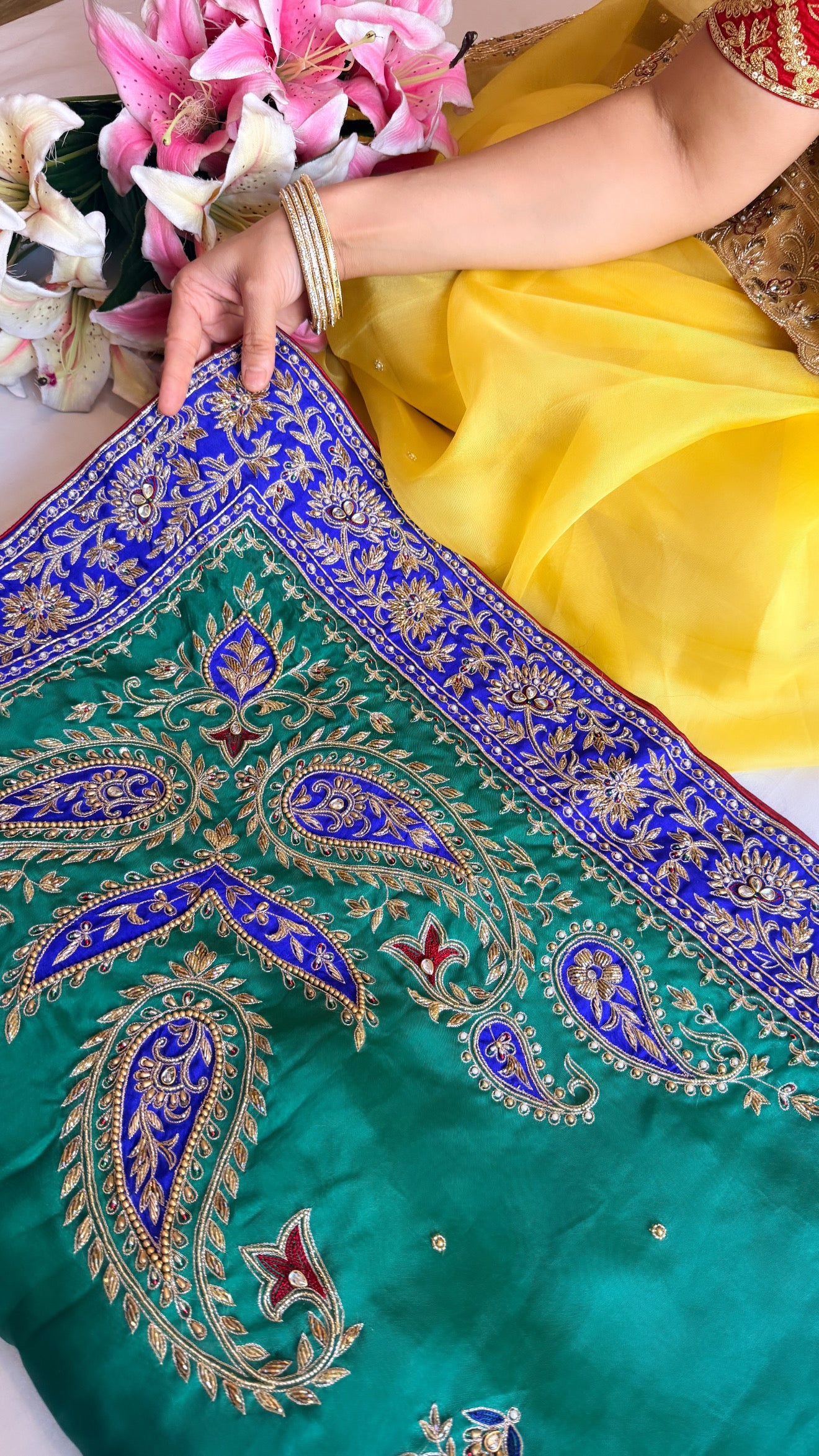 Mummy ki purani wali saree edit - Blue-green-purple kora silk kadhwa hand embroidered saree