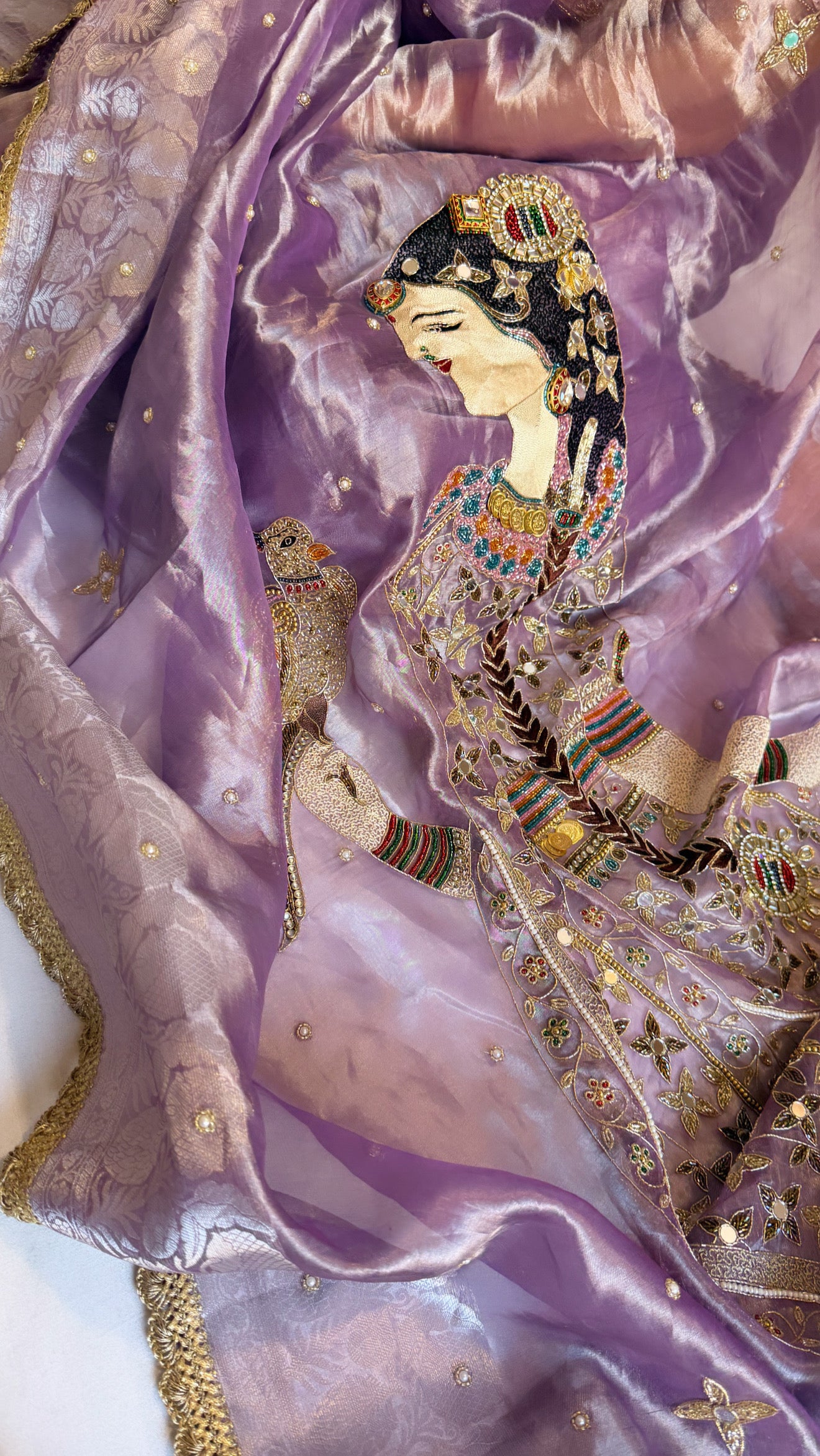 Heer saree with jadau necklace work hand embroidered tissue silk lilac saree