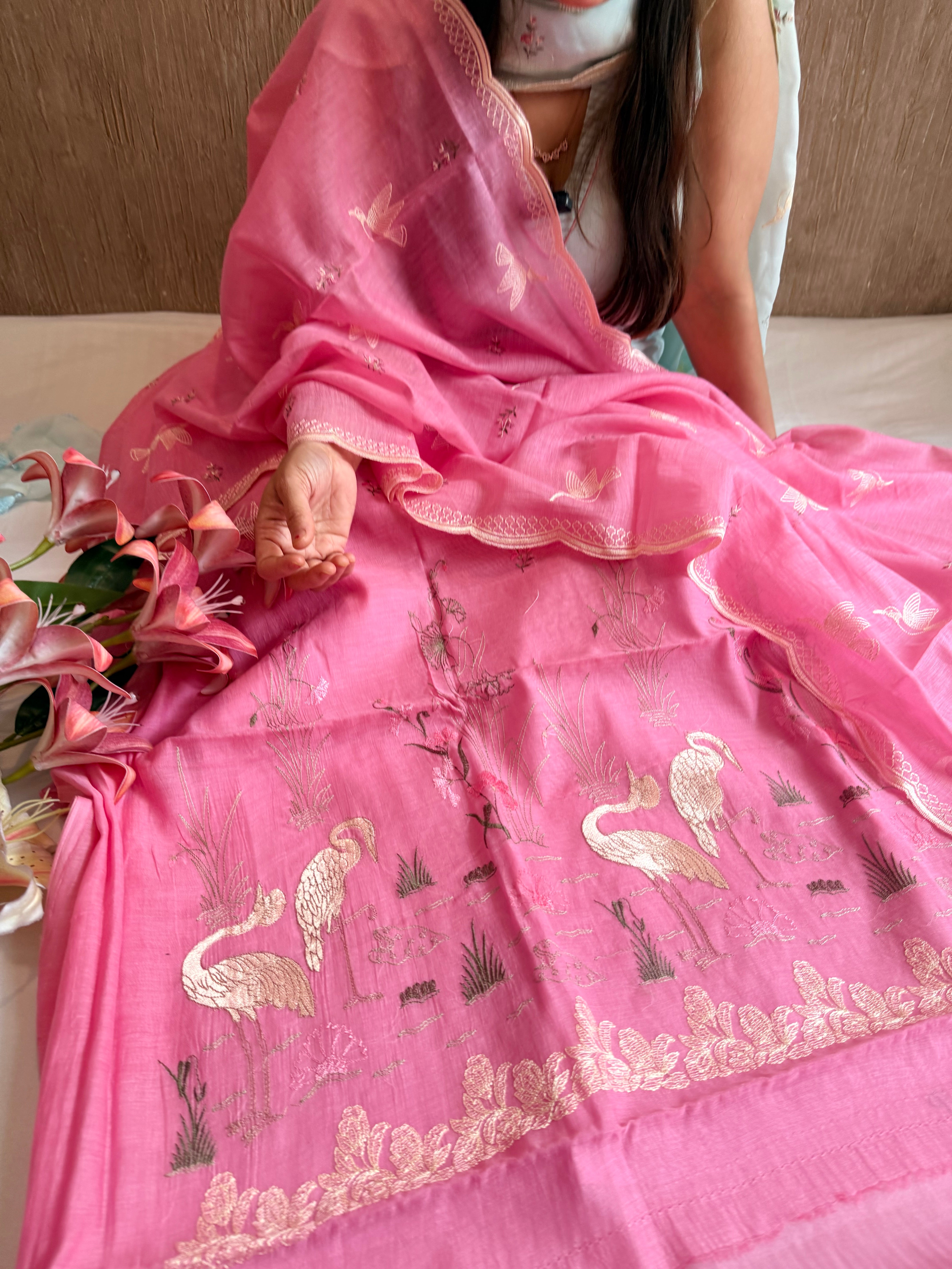 Candy pink mul cotton flamingo resham hand embroidered suit set