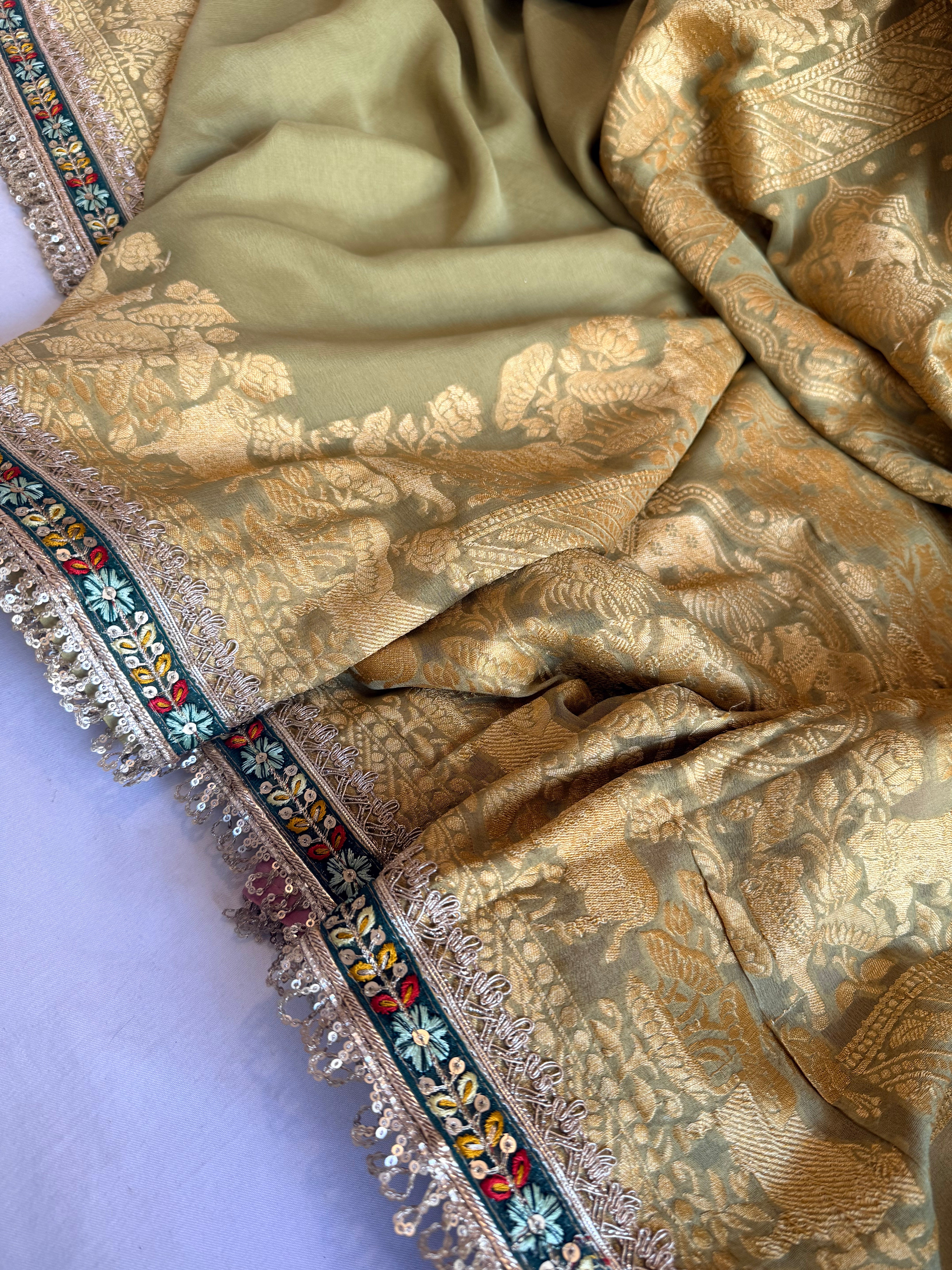 Sage green shikargah kadhwa border chiffon gorgette banarasi saree