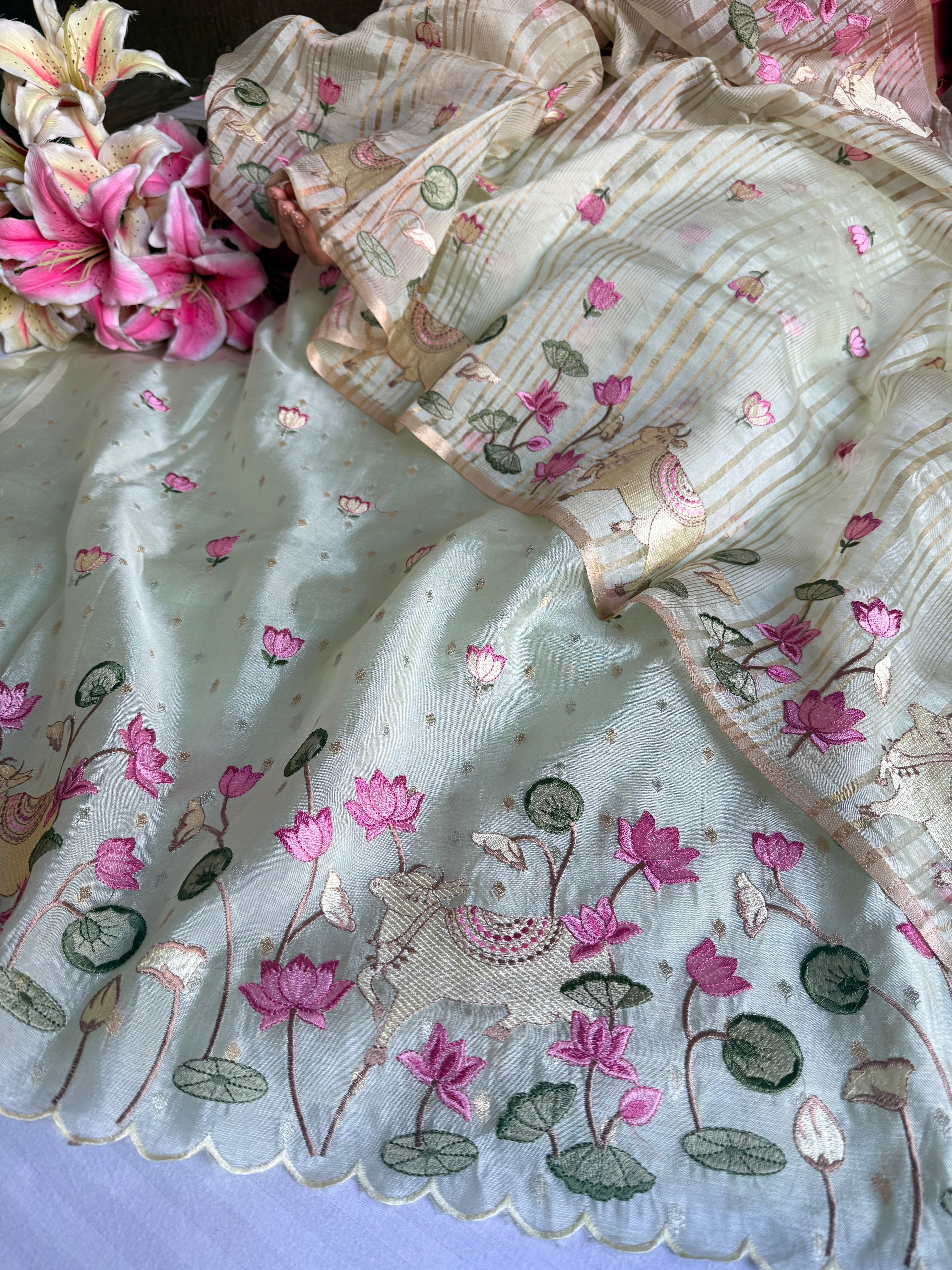Suits under 10k - Spun chiniya silk parsi gara hand embroidered suit set