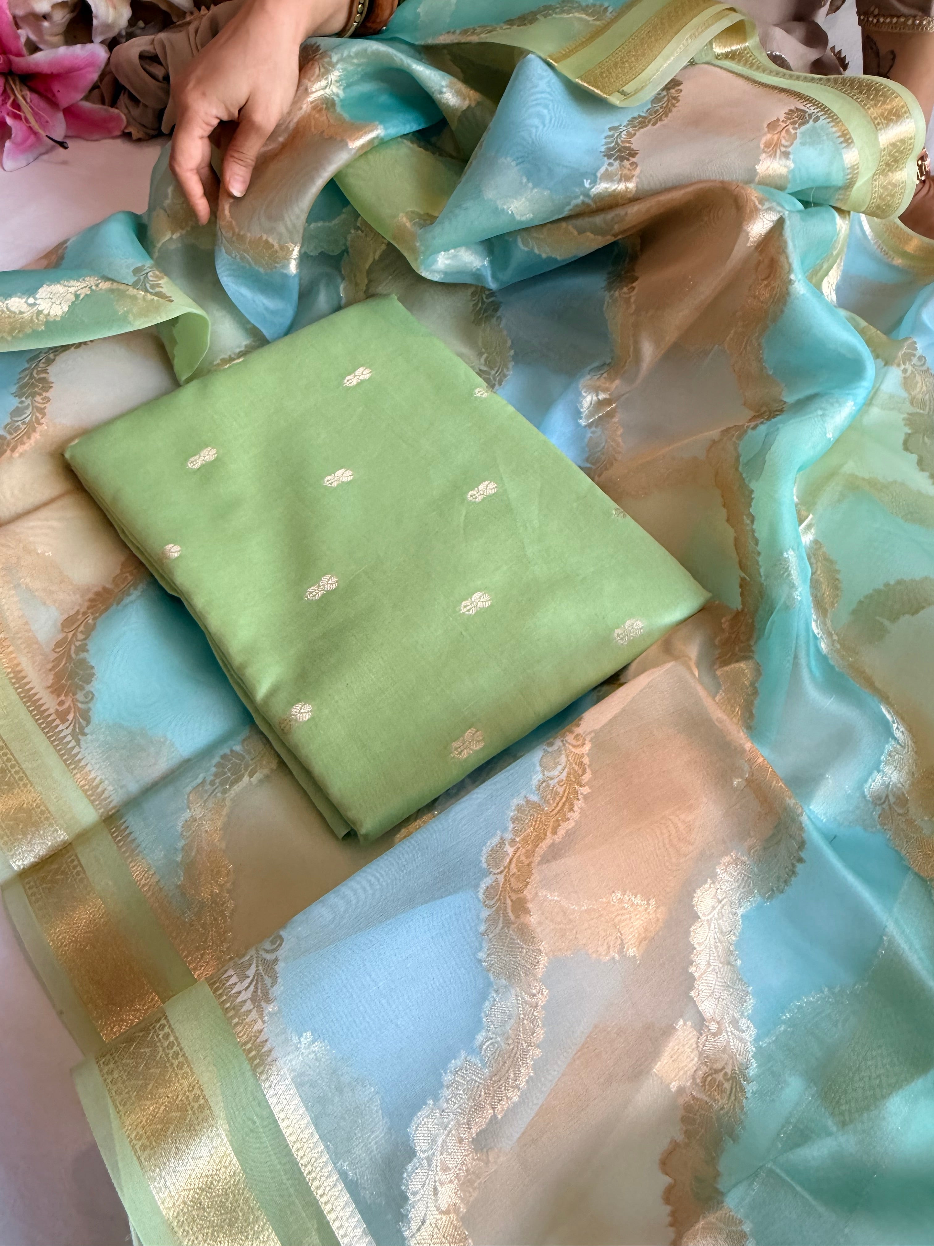 Banarasi chiniya silk kurta paired with candy colours rangkaat kora silk duppata