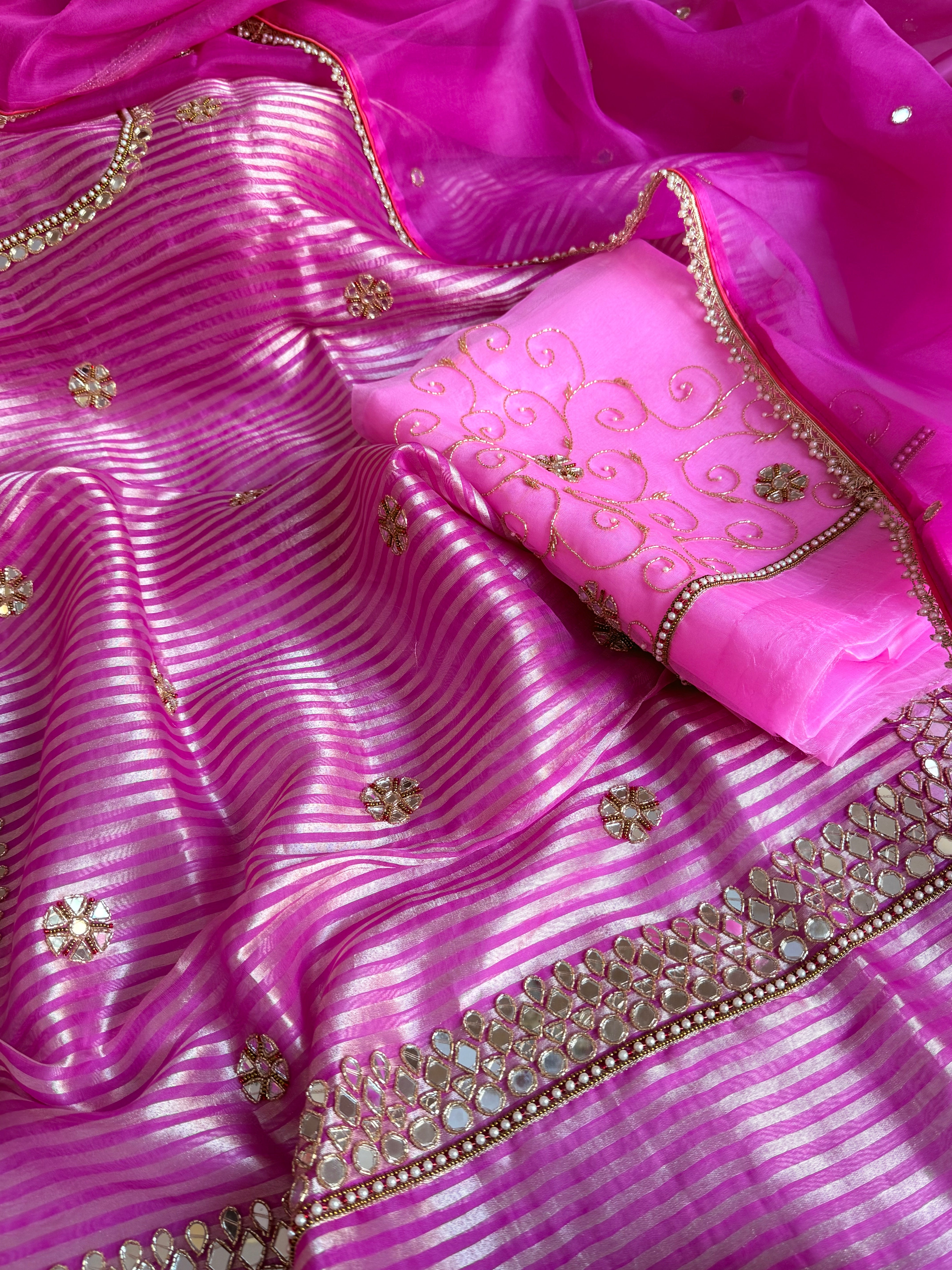 Kora silk silver zari striped mirror work edit hand embroidered kadhwa suit set