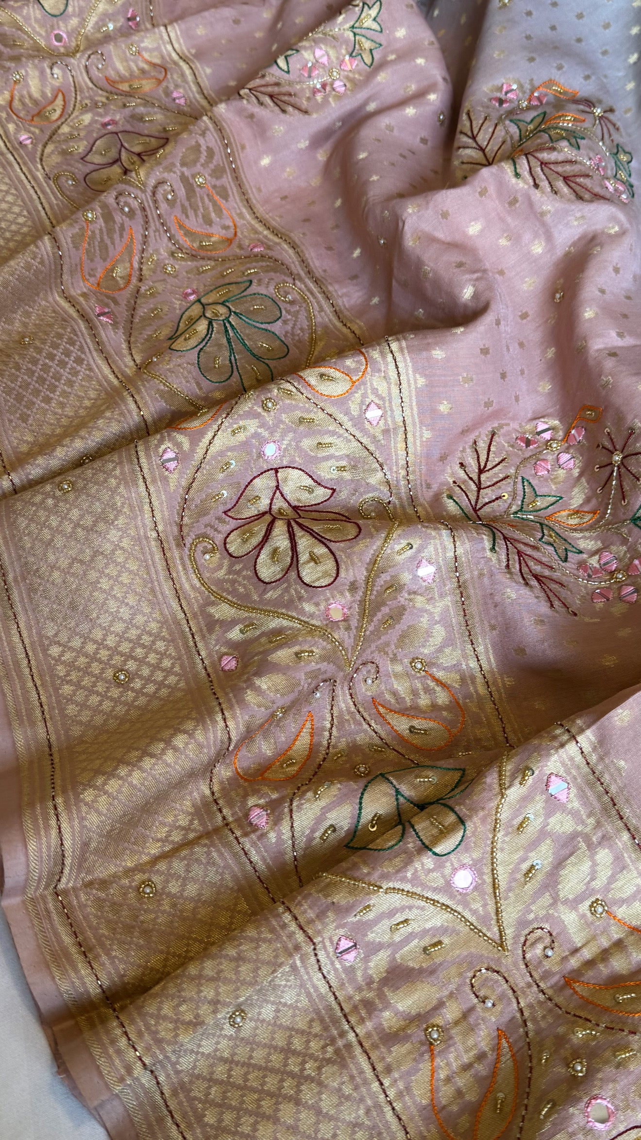 Moonga silk blush blue and pink ombre shaded hand embroidered kadhwa saree