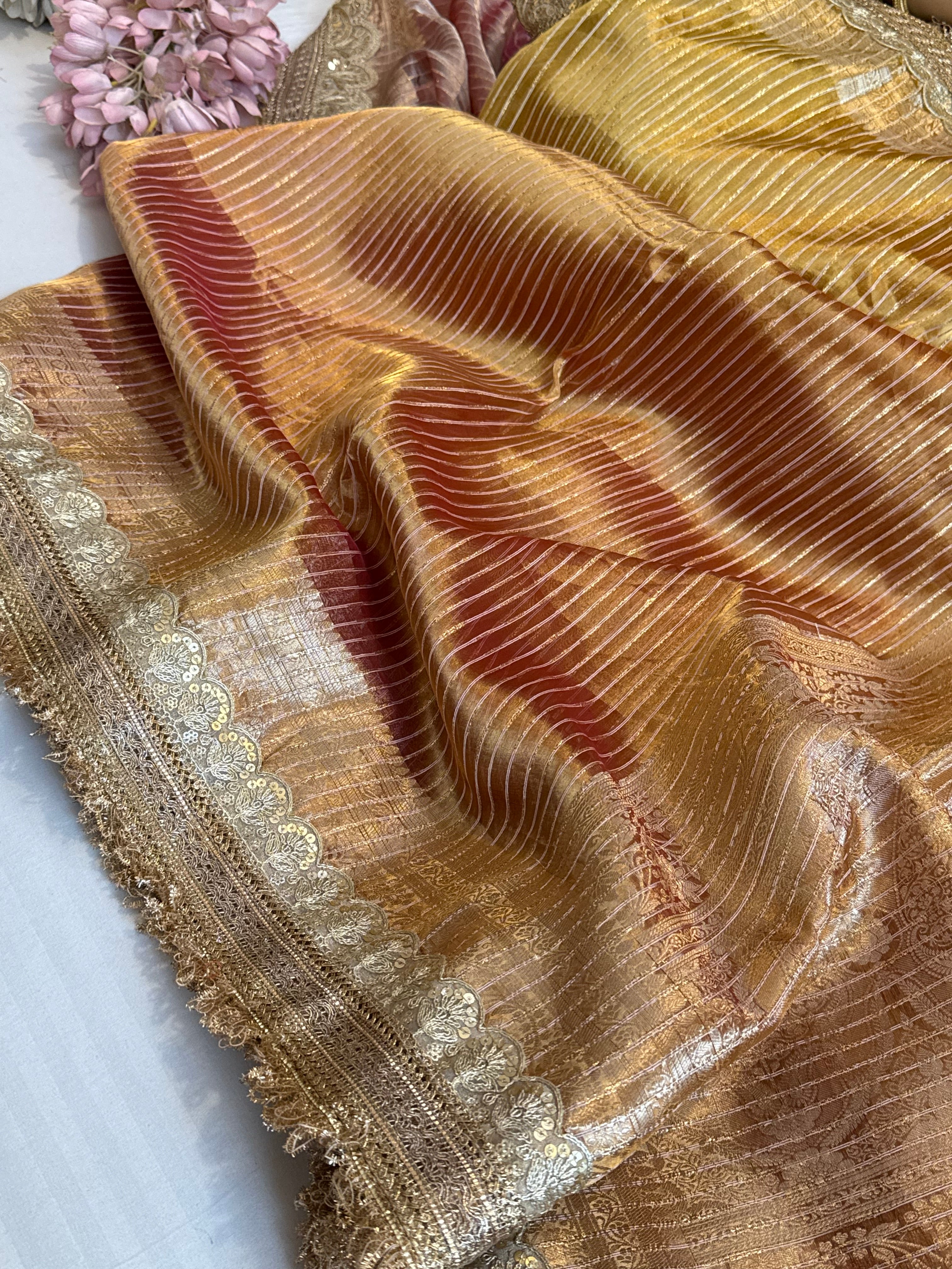 Maharani rang birangi tissue silk zari striped kadhwa saree