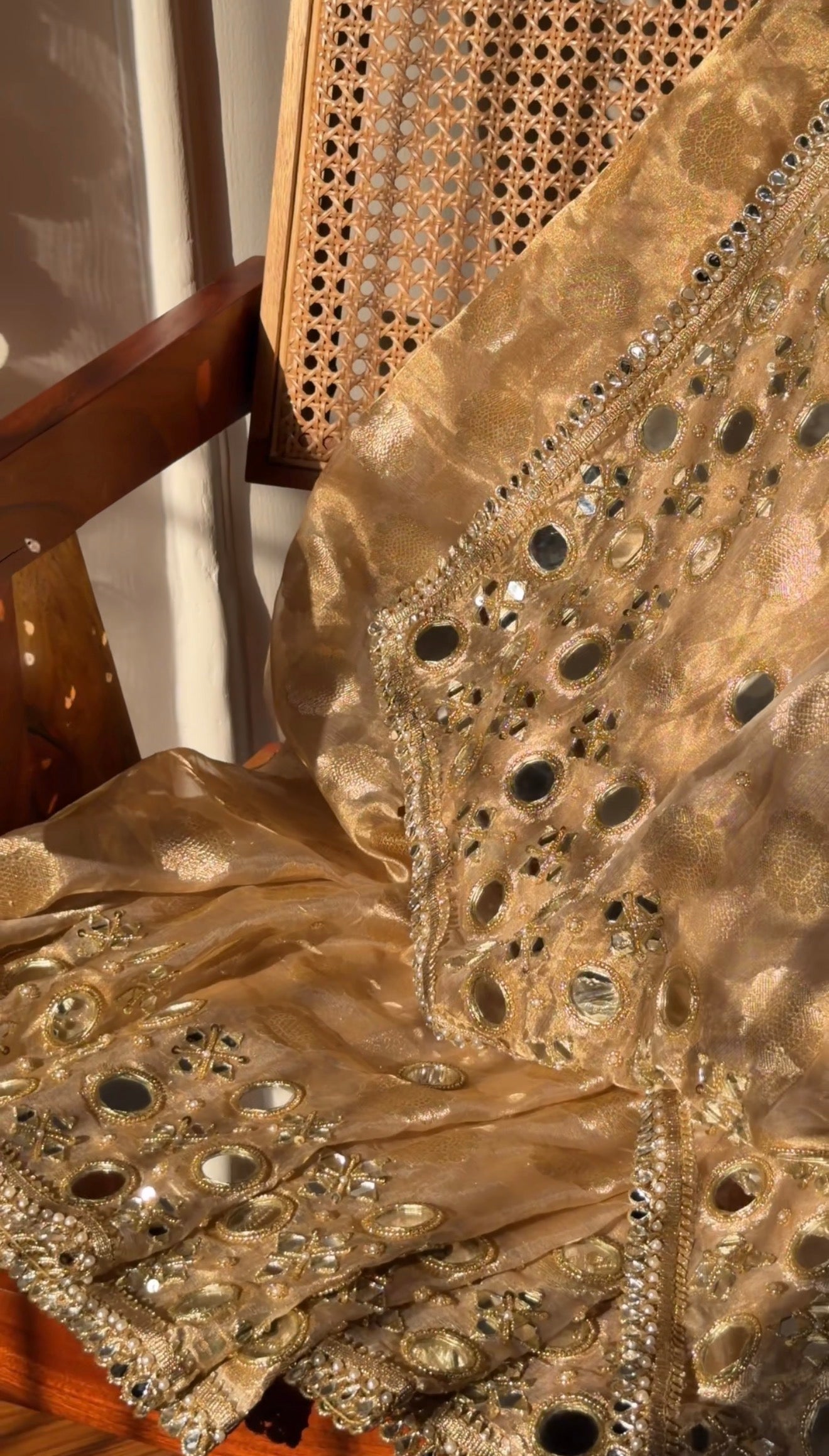 Butter gold kaanch wali mirrorwork hand embroidered tissue silk buti saree