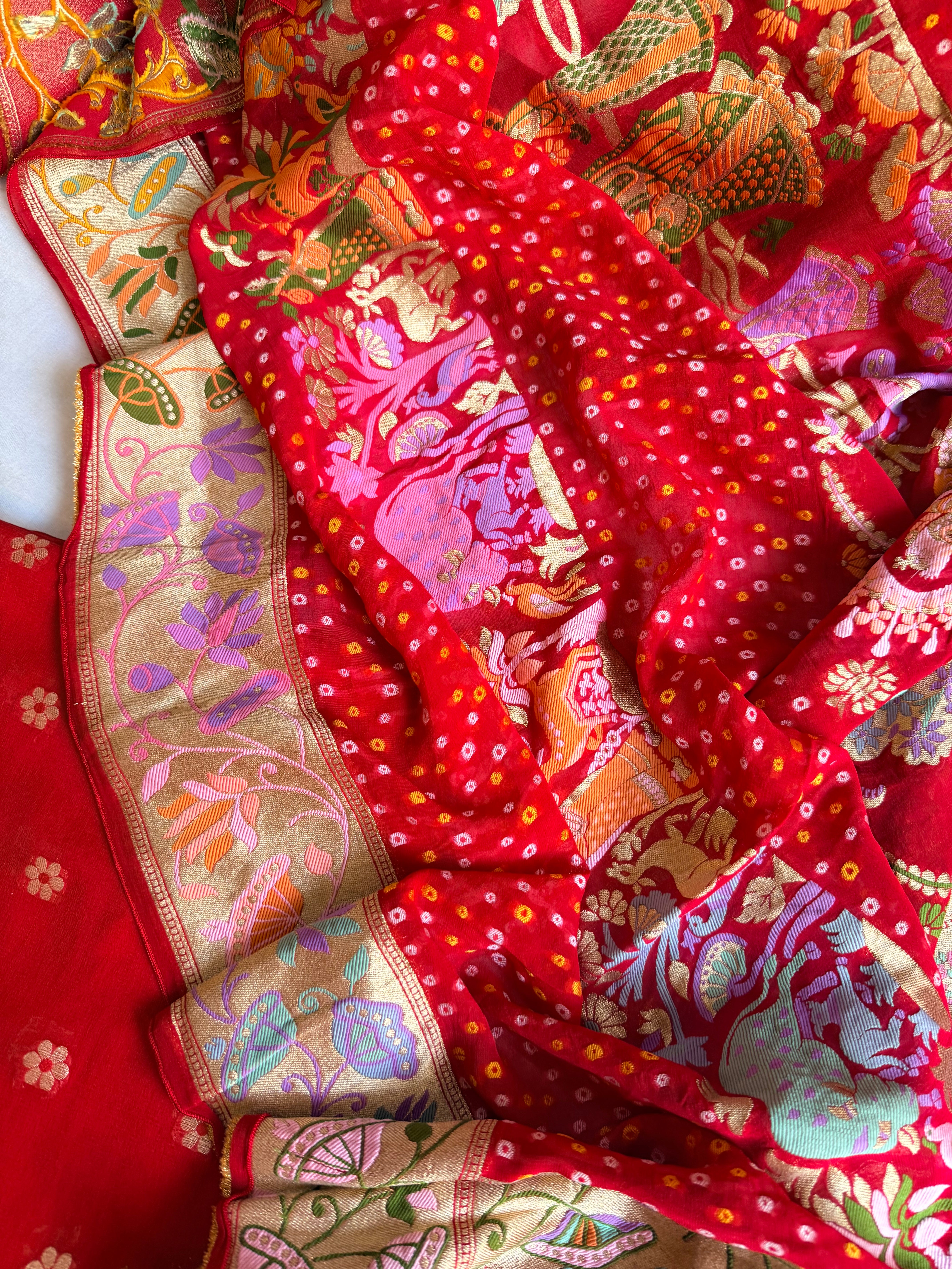 Banarasi rai bandhej radha krishna weaving gorgette kadhwa suit set