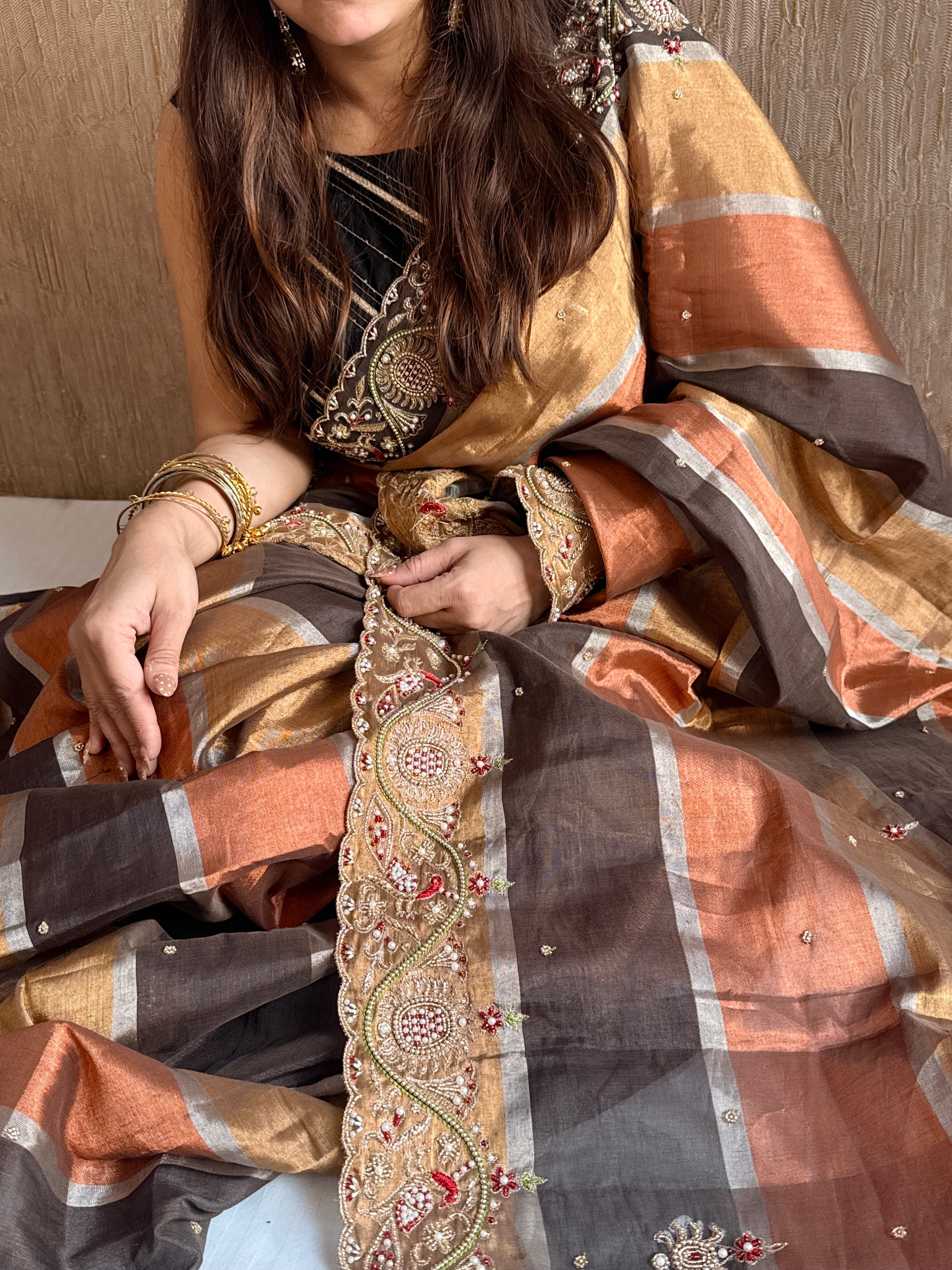 Kanjivaram banarasi tissue silk hand embroidered kadhwa saree with katan silk blouse