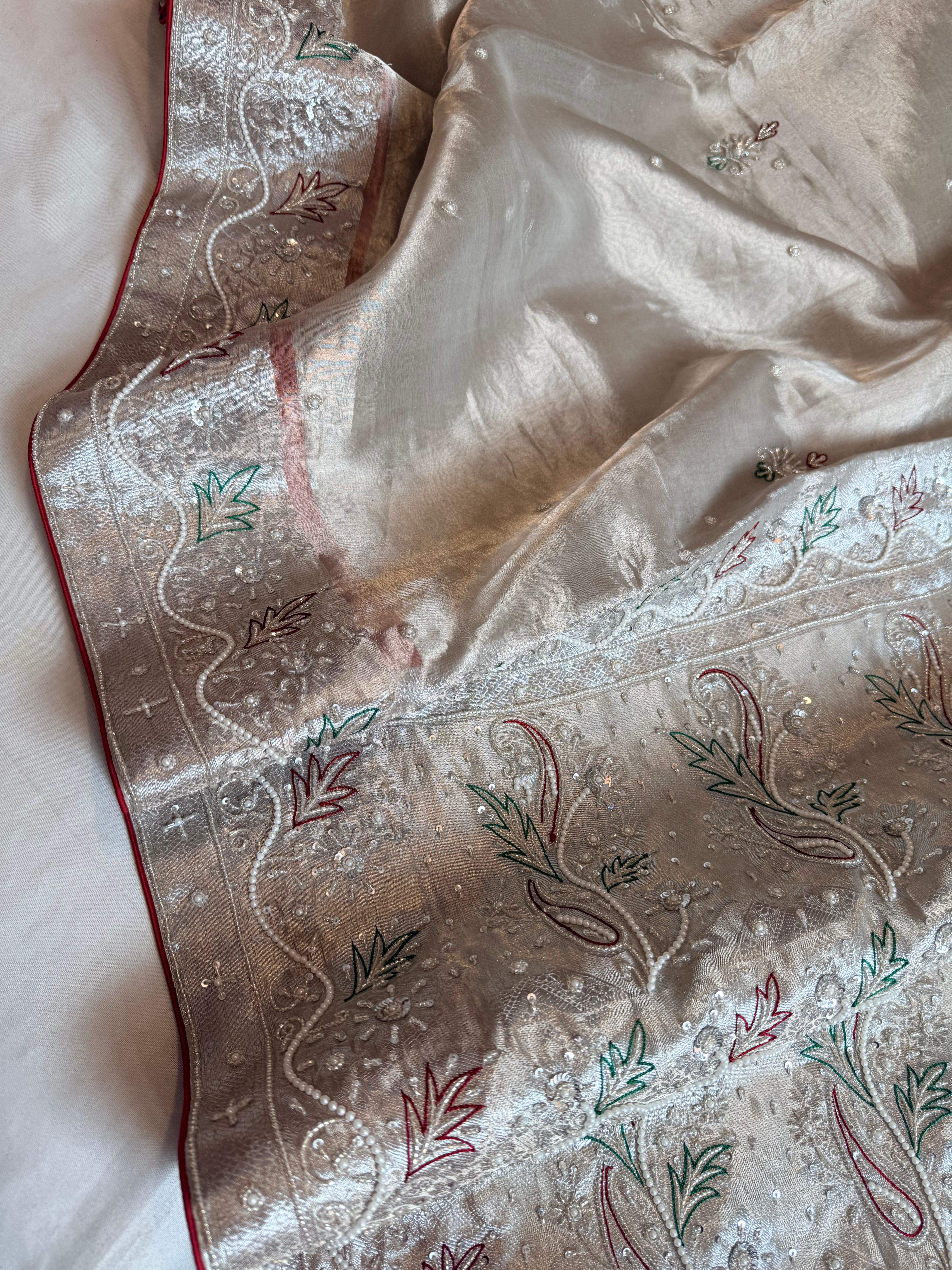 Dulhan wali saree edit silver tissue silk hand embroidered saree