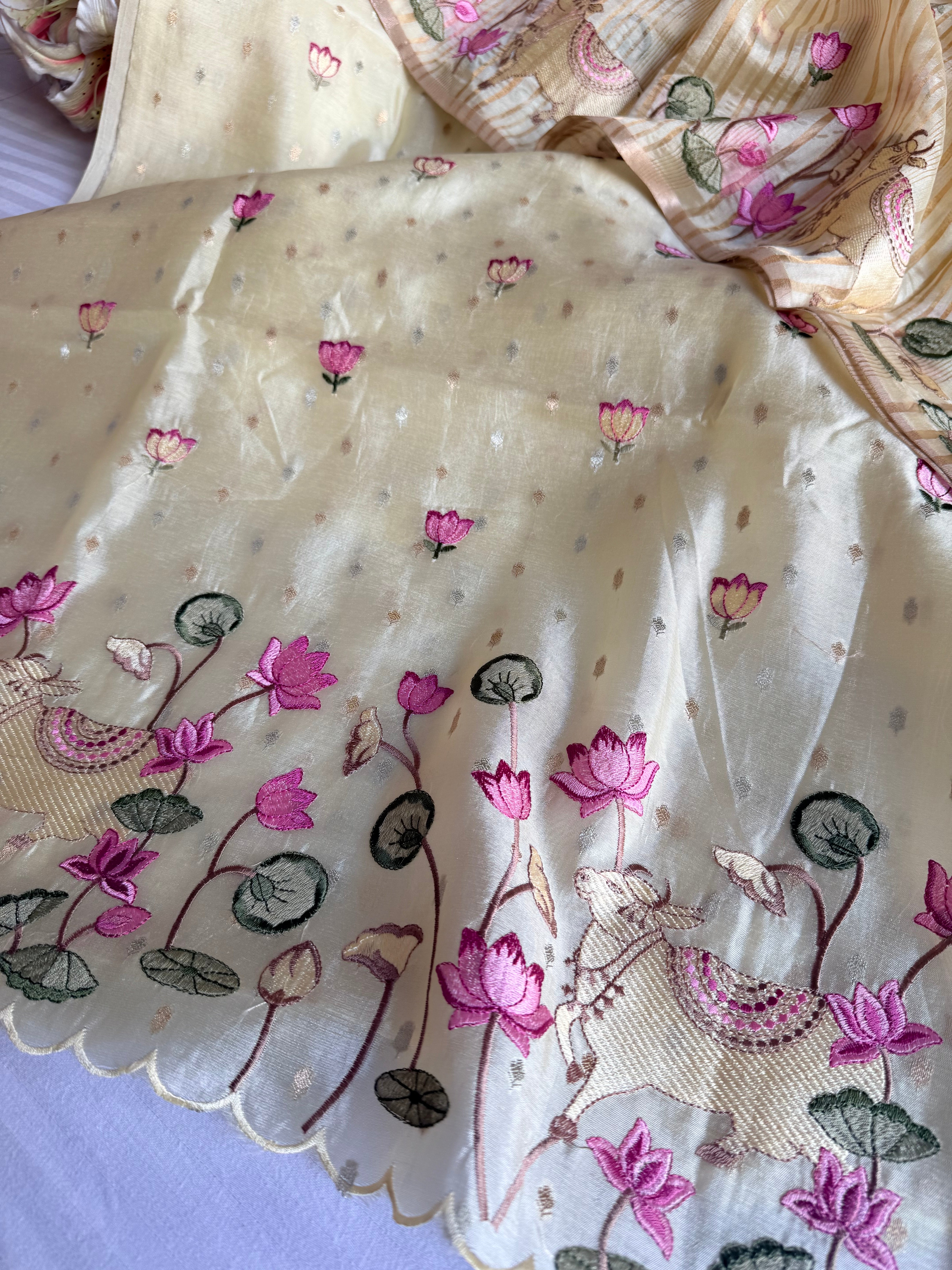 Suits under 10k - Spun chiniya silk parsi gara hand embroidered suit set