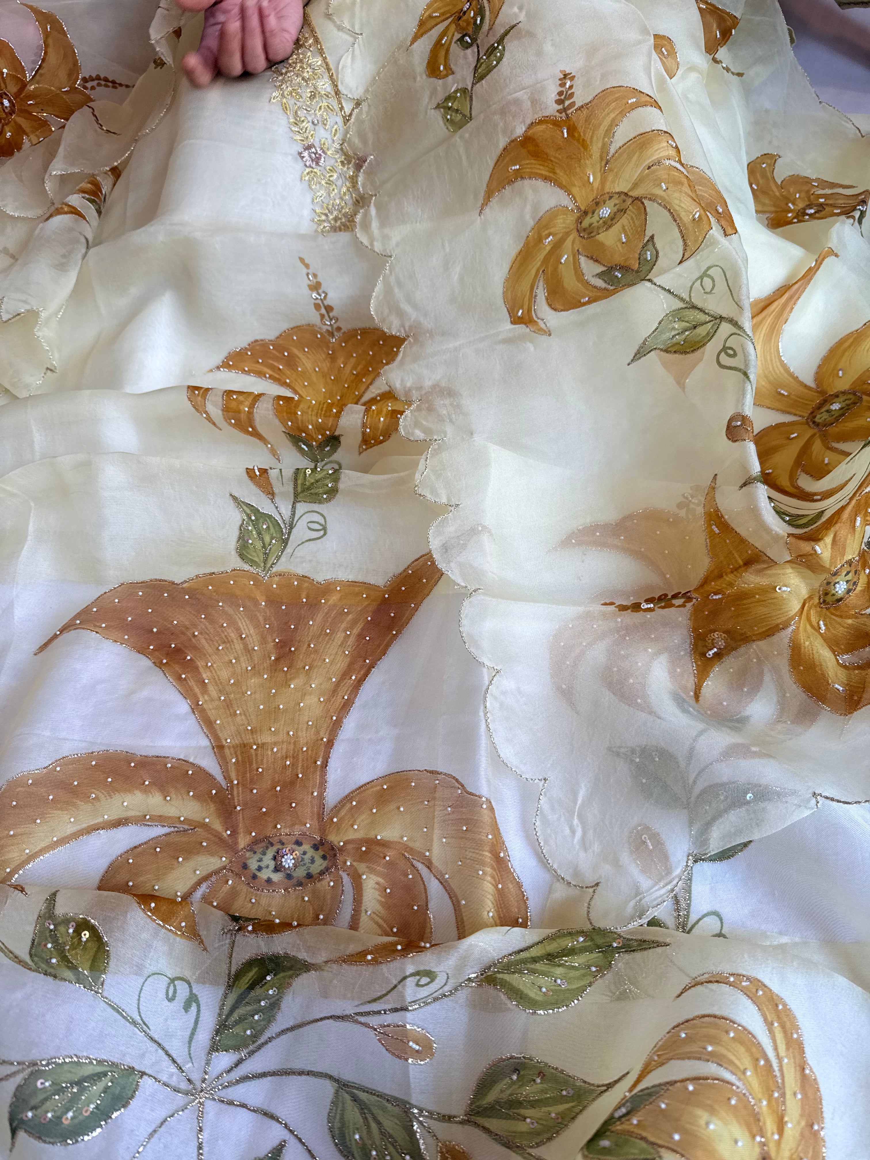 Banarasi Kora silk hand embroidered floral printed suit set