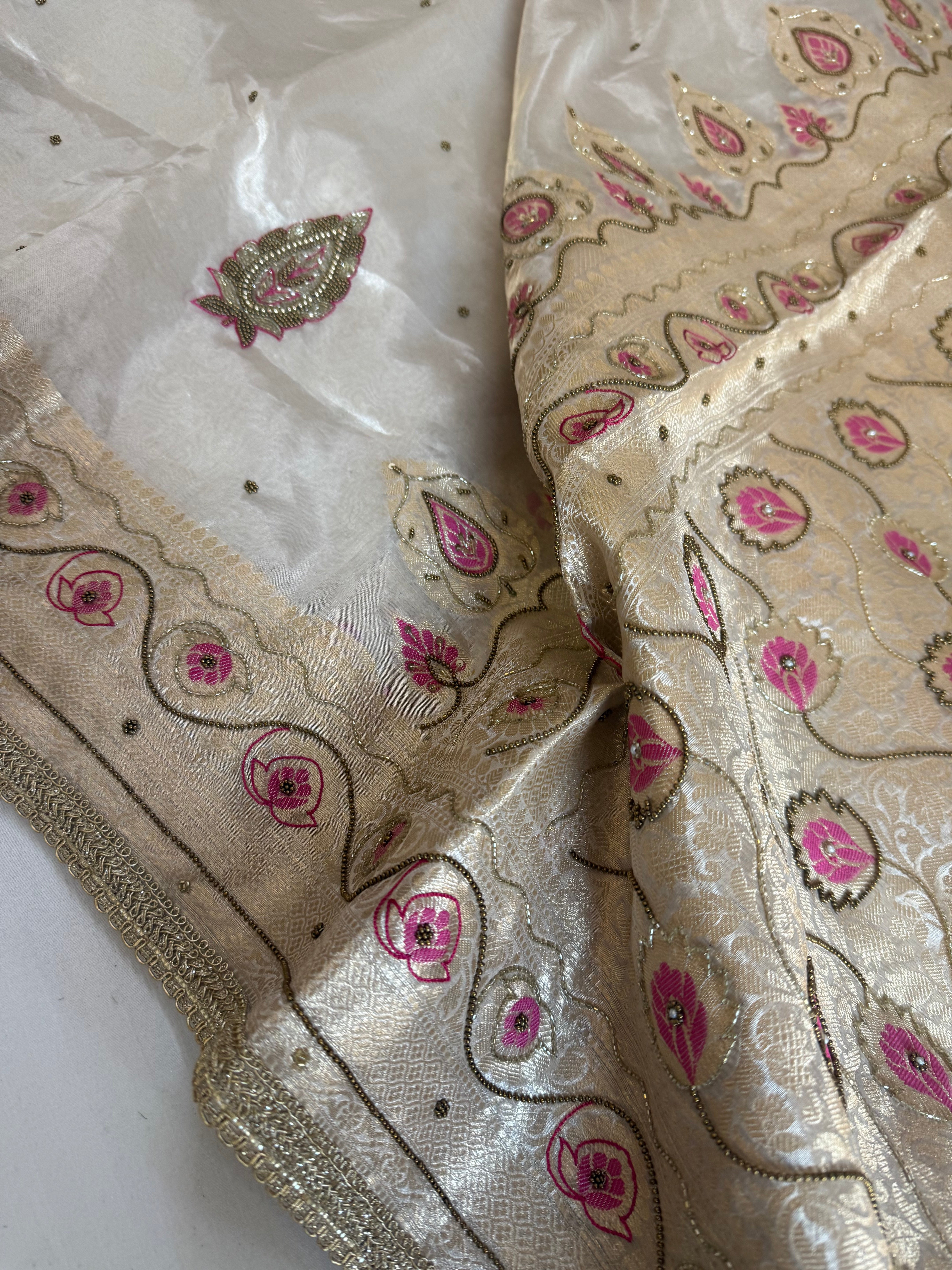 Moonlight silver diamond tissue silk kadhwa meenakari hand embroidered saree