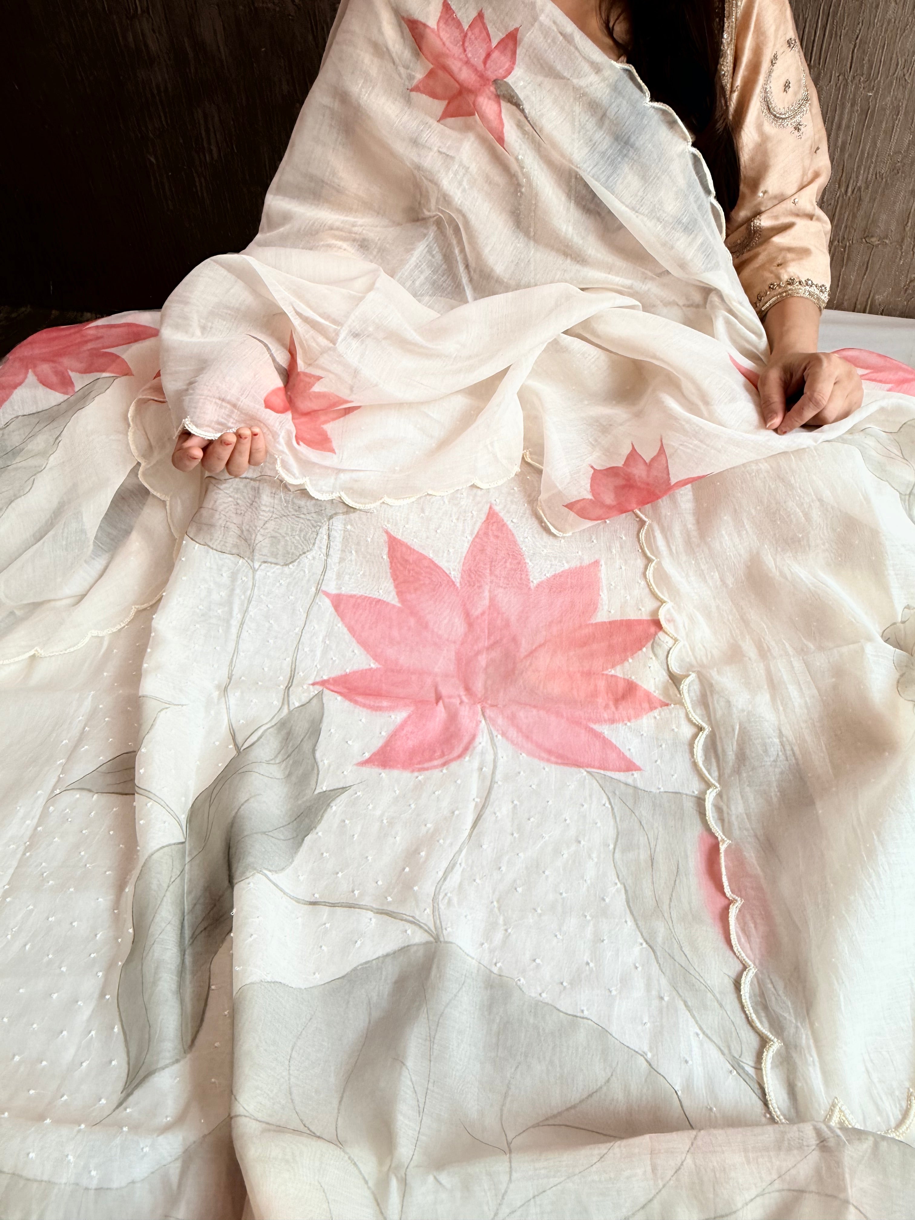 Mul cotton printed pearl work hand embroidered suit set