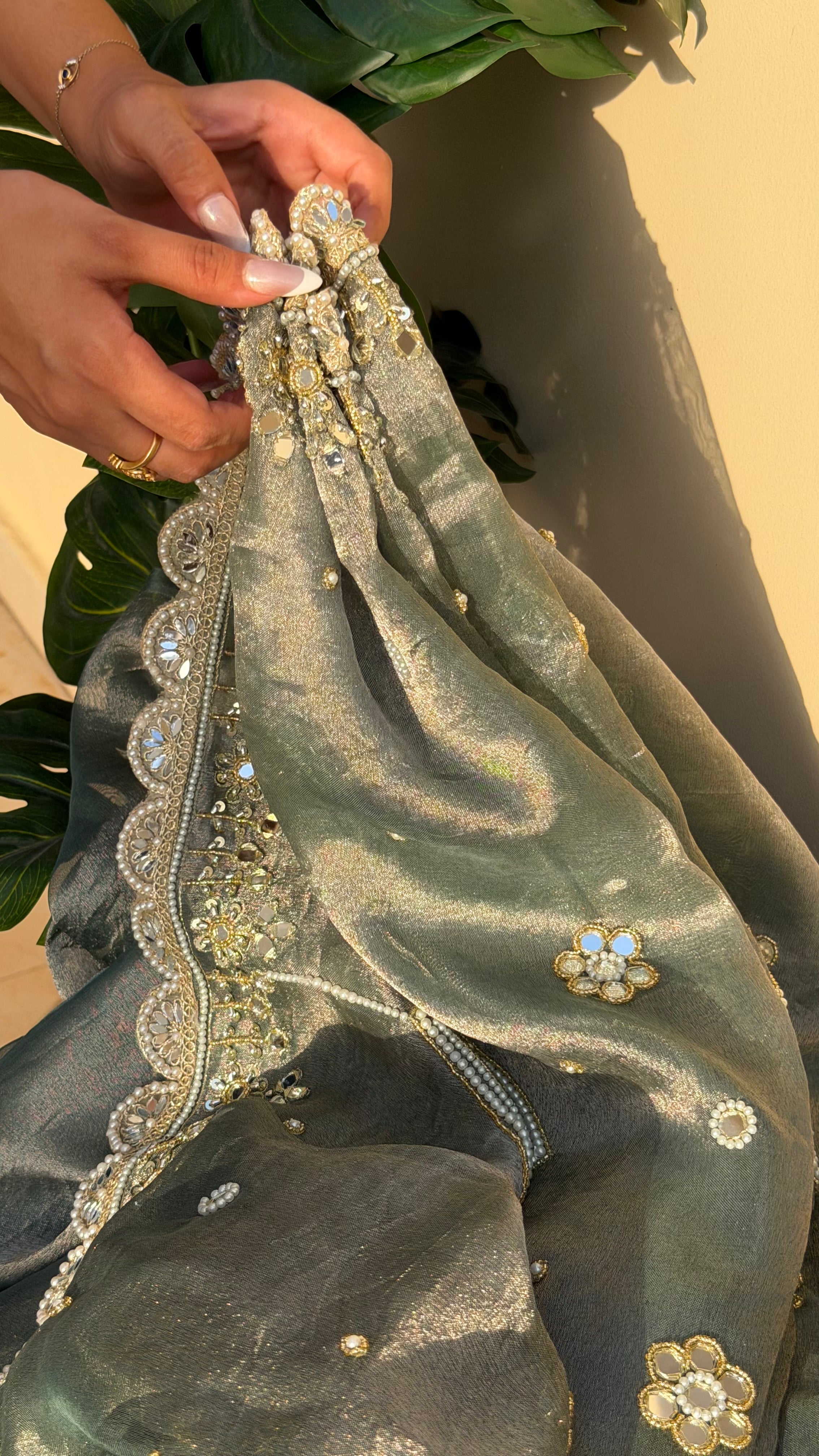 Coriander mint tissue silk pearlwork and mirrorwork hand embroidered saree