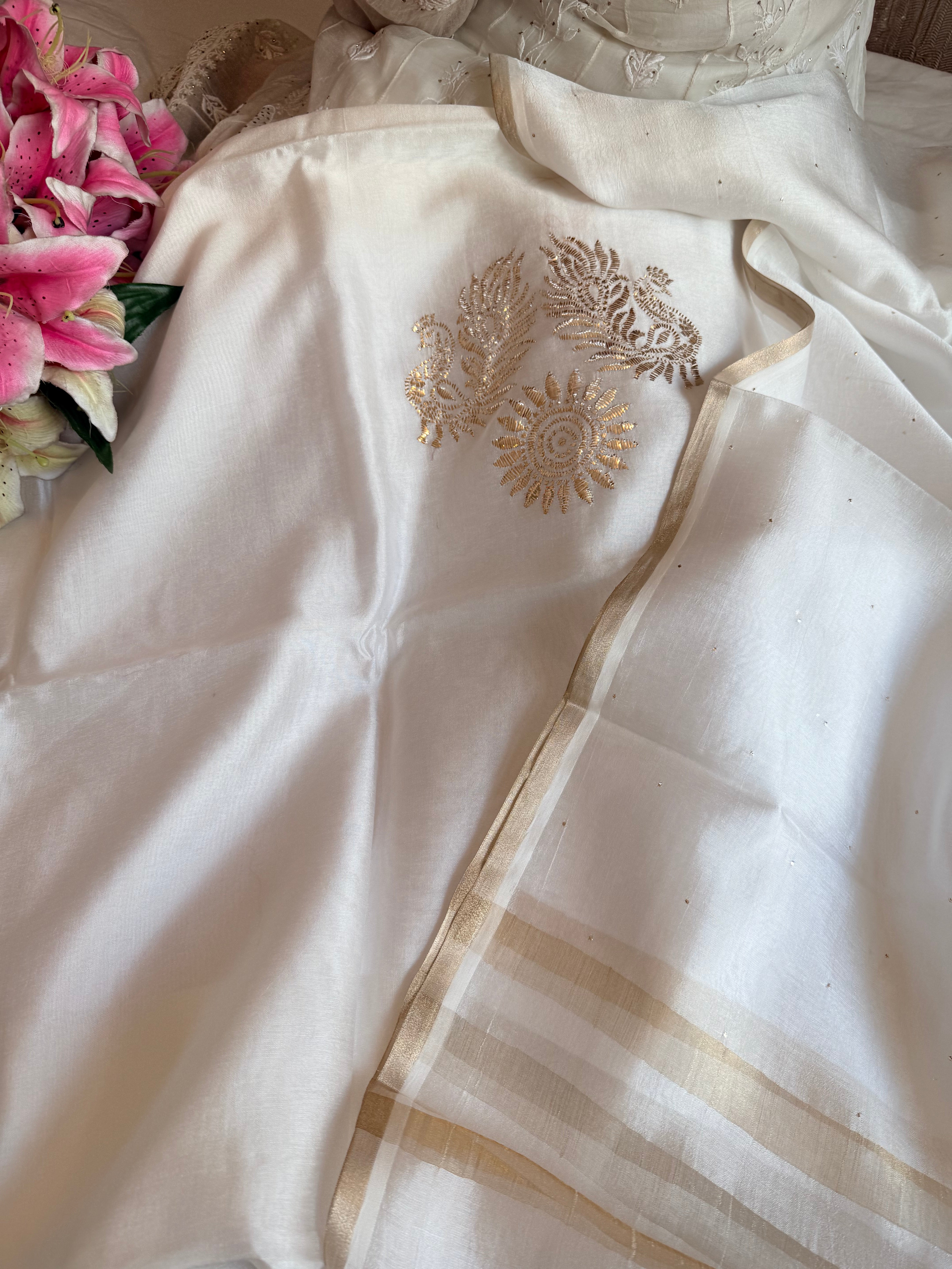 Pearl white spun chiniya silk mukaish hand embroidered suit sets