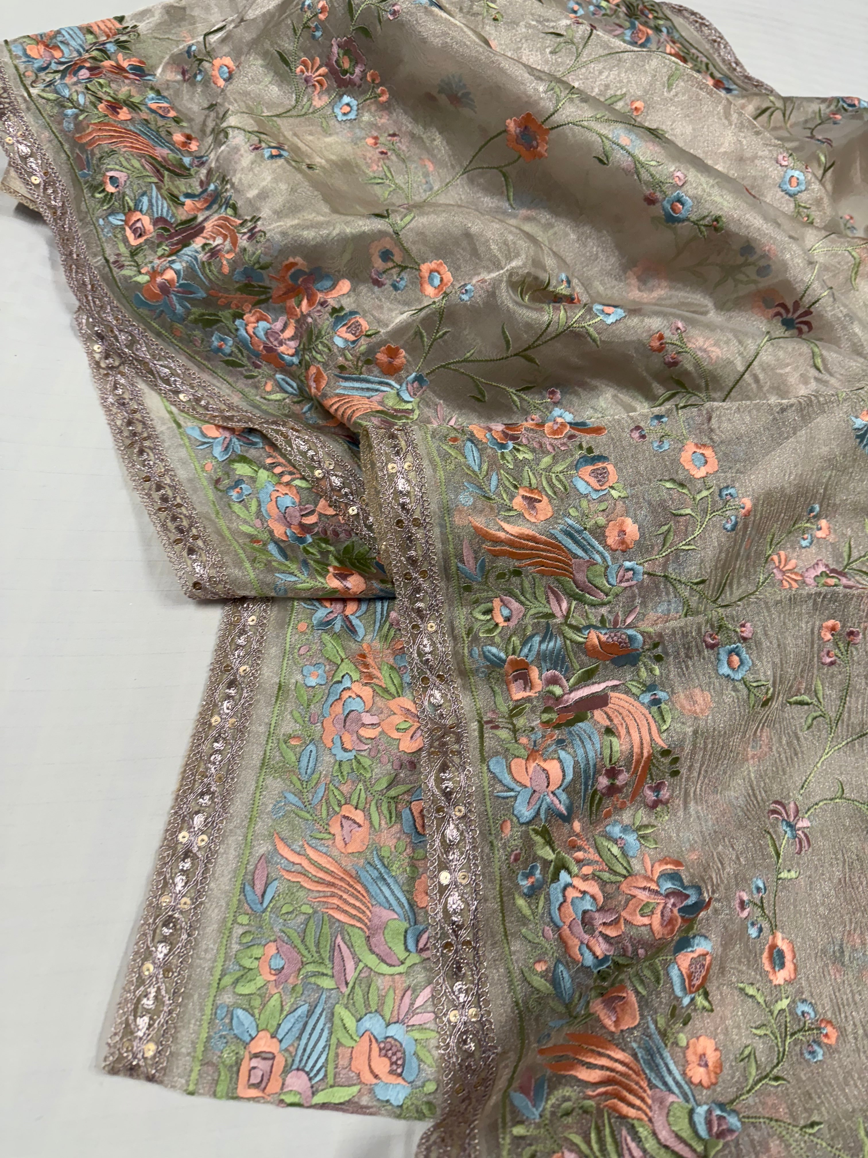 “Parsi gara” inspired tissue silk heavy resham work hand embroidered saree