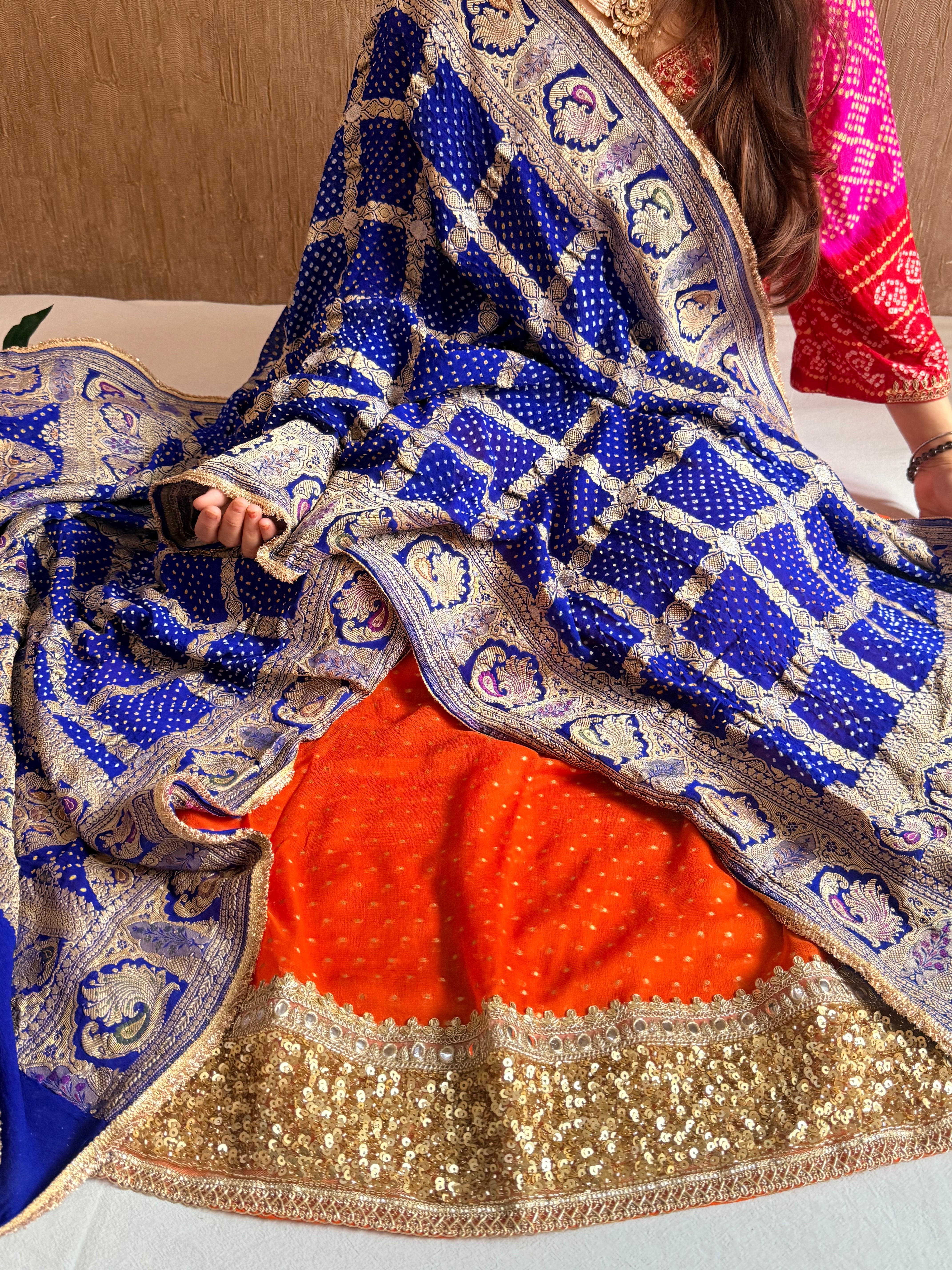 Rai bandhej chiffon gorgette sequin work hand embroidered suit set