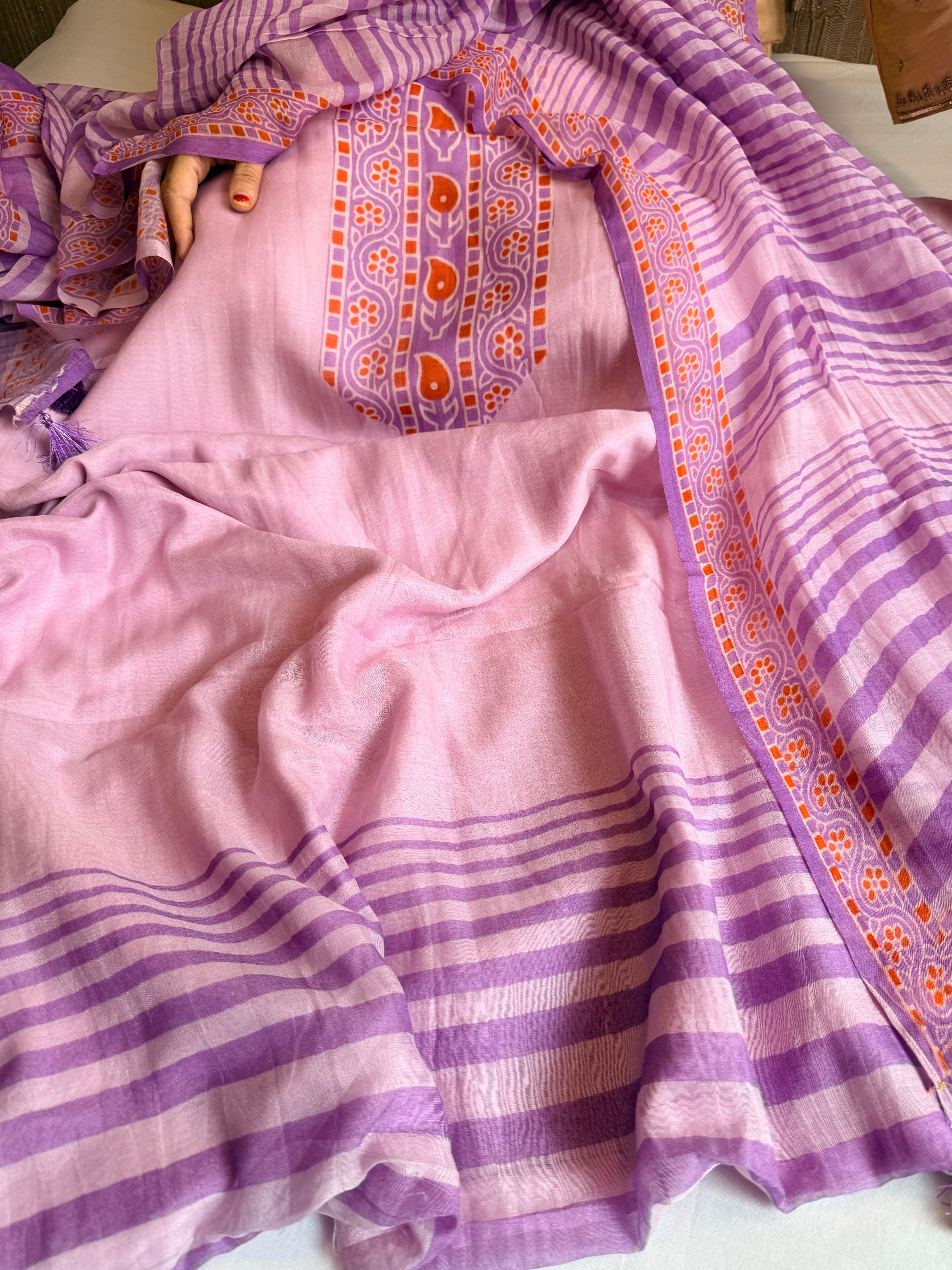 Lilac mul cotton printed kadhwa weaving suit set