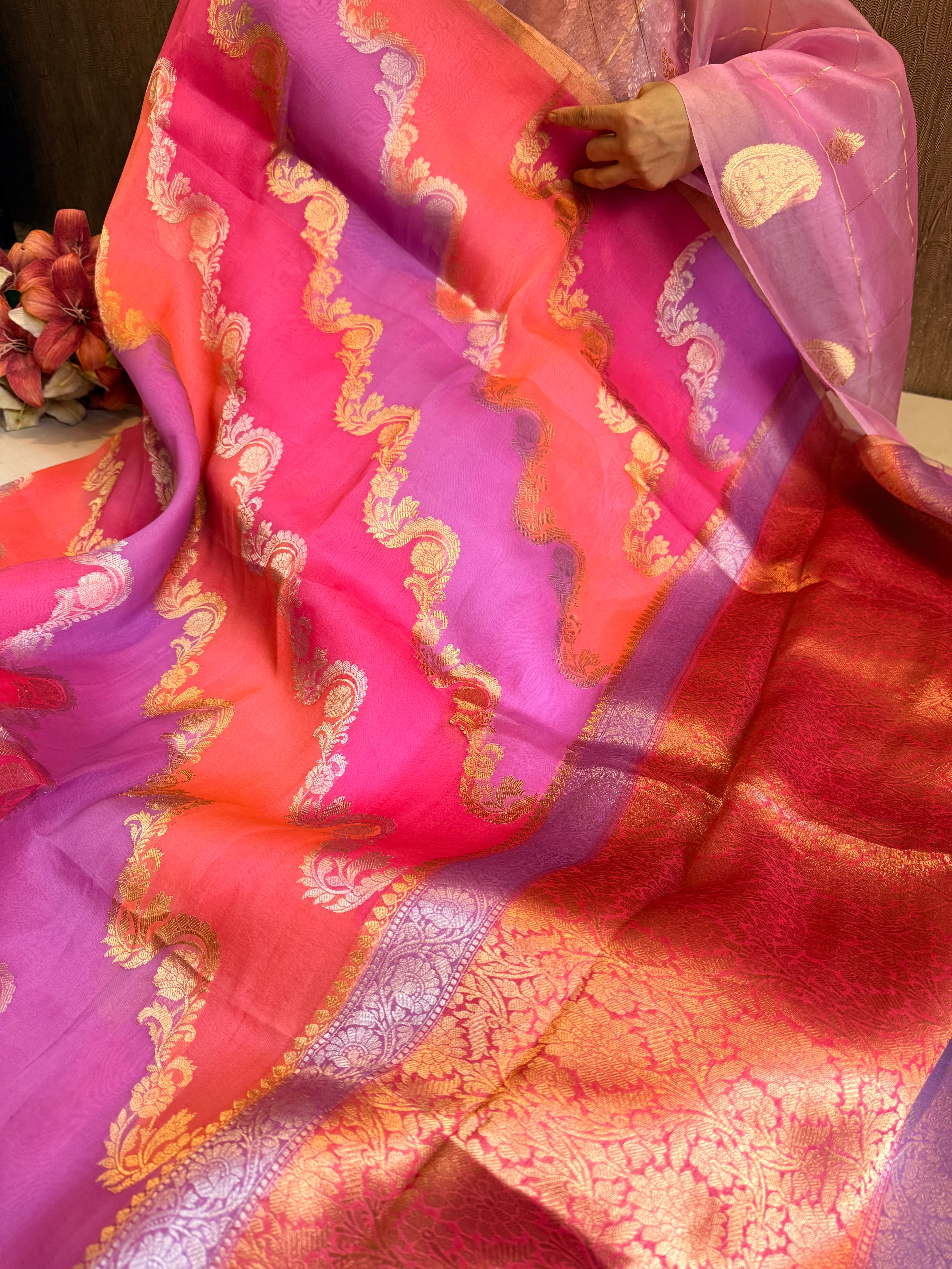 Kora silk rangkaat weaving rainbow dyed jaalwork kadhwa saree